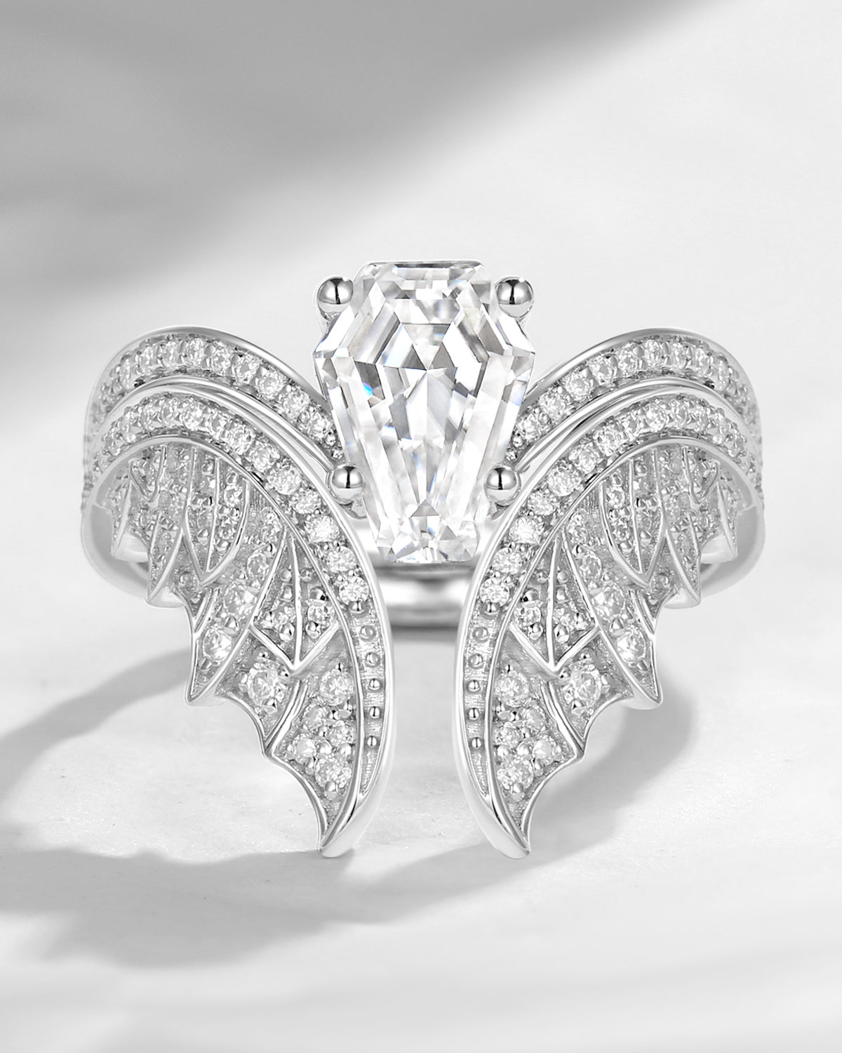 Coffin Cut Moissanite Vintage White Gold Bridal Set 2pcs - Bat Ring
