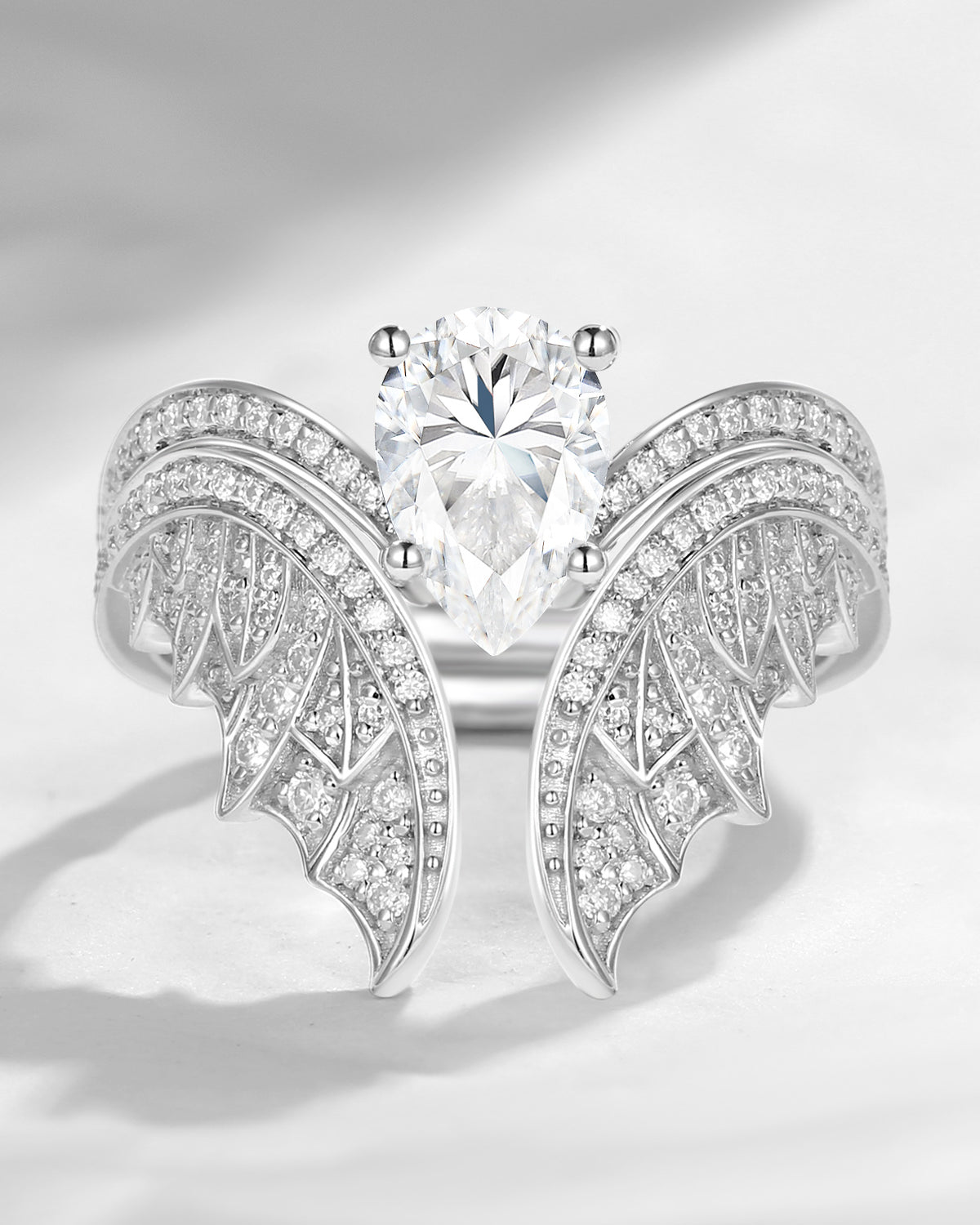 Pear Cut Moissanite Vintage White Gold Bridal Set 2pcs - Bat Ring