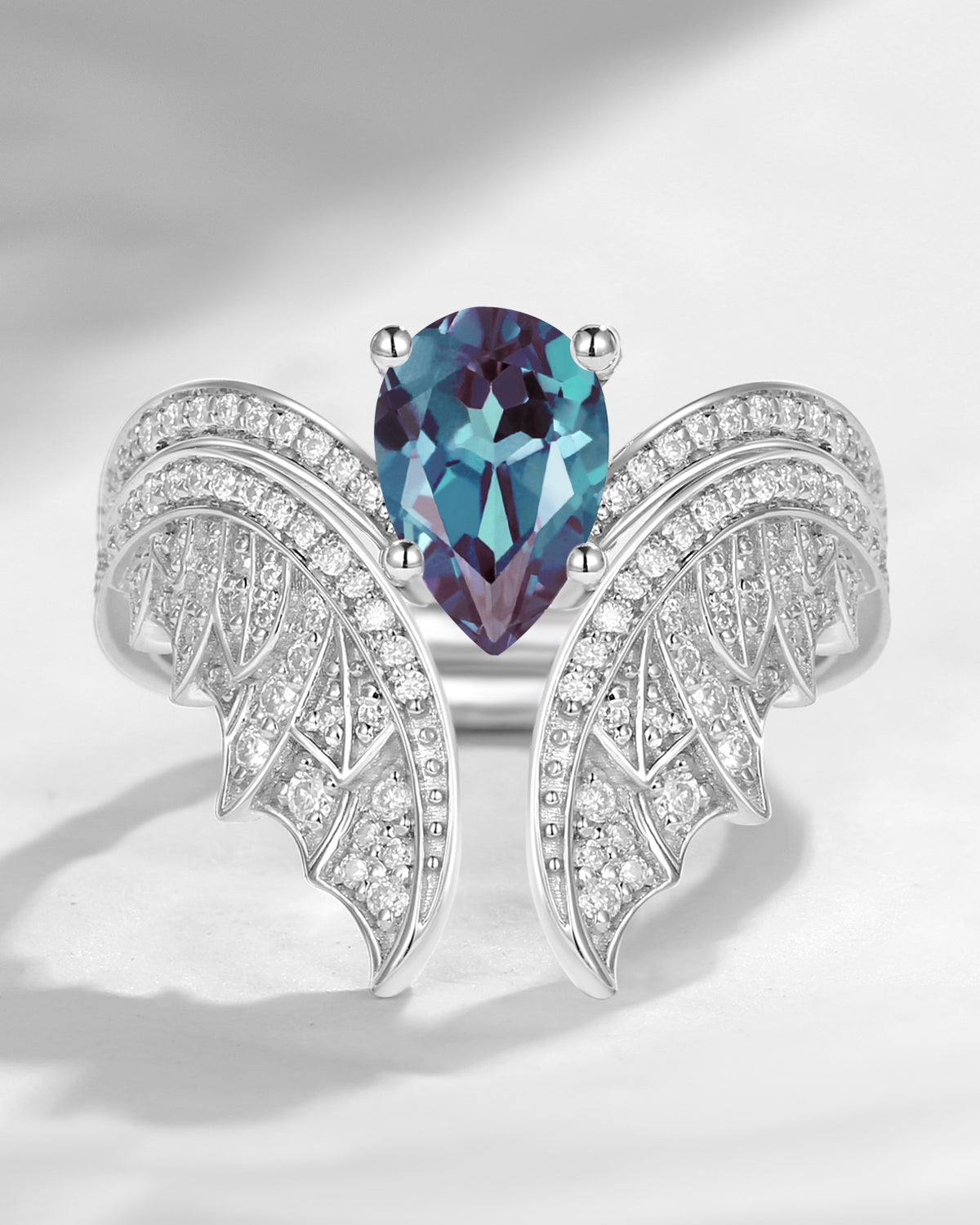 Pear Cut Lab Alexandrite Vintage White Gold Bridal Set 2pcs - Bat Ring