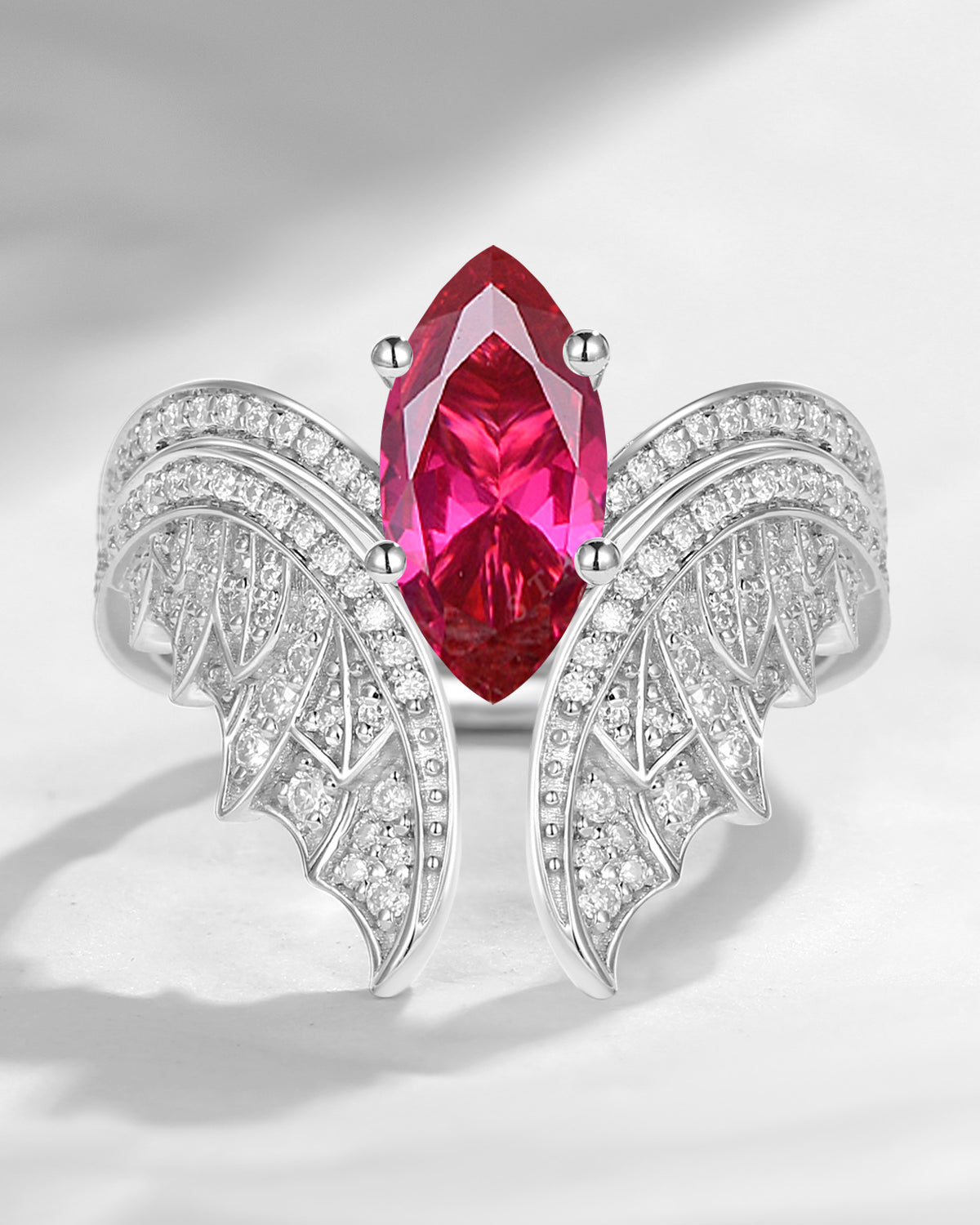 Marquise Cut Lab Ruby Vintage White Gold Bridal Set 2pcs - Bat Ring