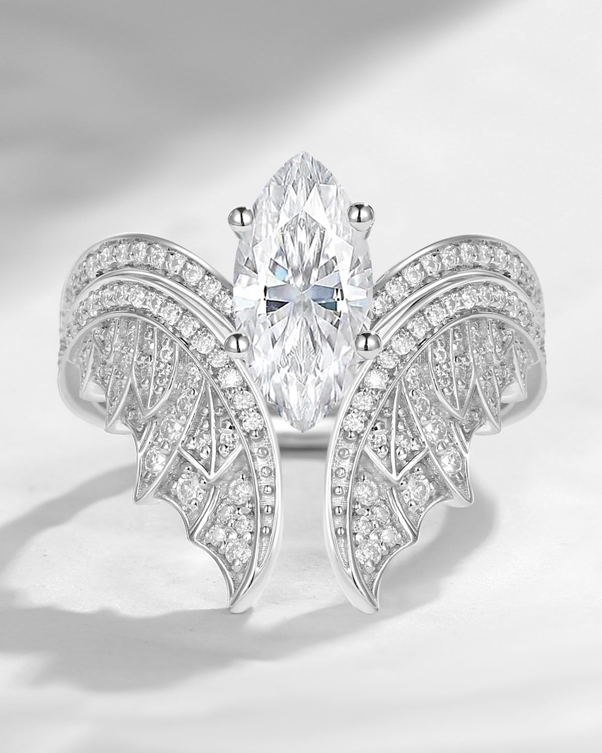 Marquise Cut Moissanite Vintage White Gold Bridal Set 2pcs - Bat Ring