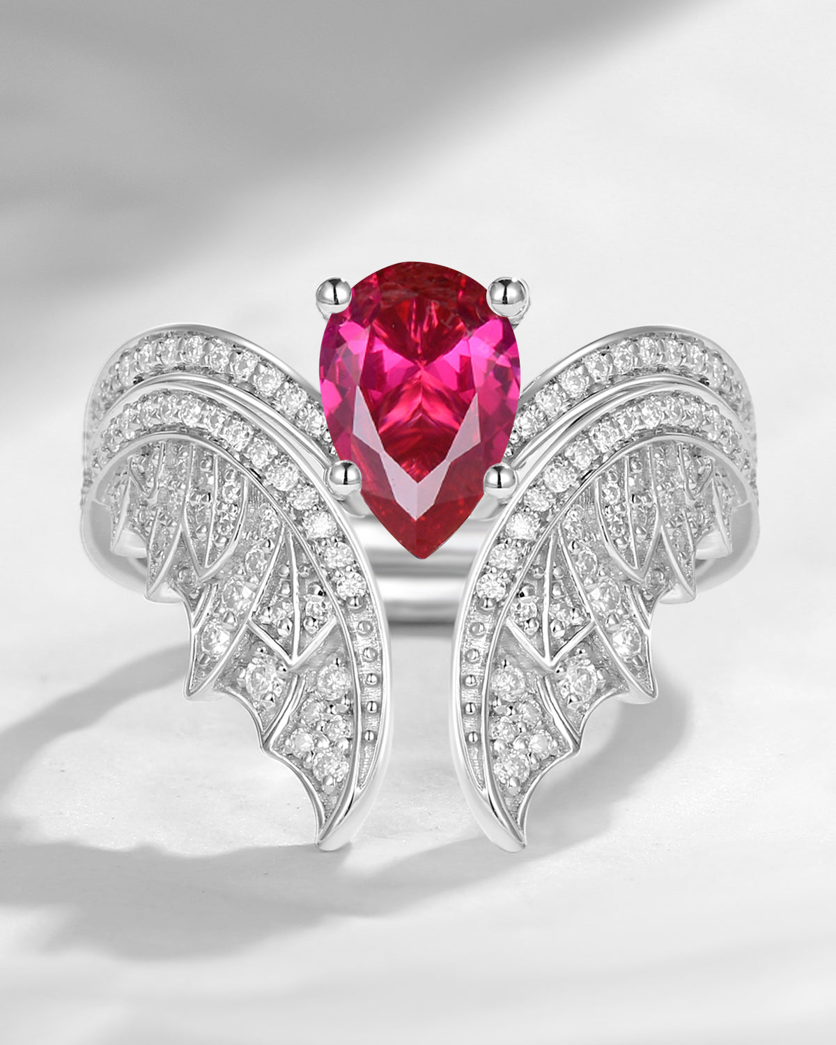 Pear Cut Lab Ruby Vintage White Gold Bridal Set 2pcs - Bat Ring