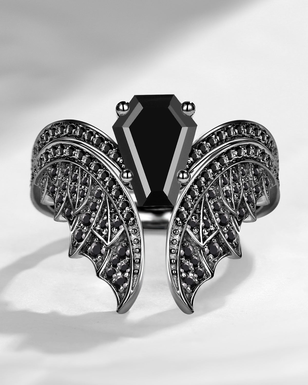 Coffin Cut Black Moissanite Vintage Black Gold Bat Bridal Set 2pcs