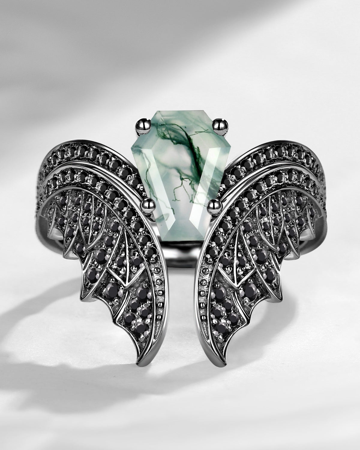 Coffin Cut Moss Agate Vintage Black Gold Bridal Set 2pcs - Bat Ring