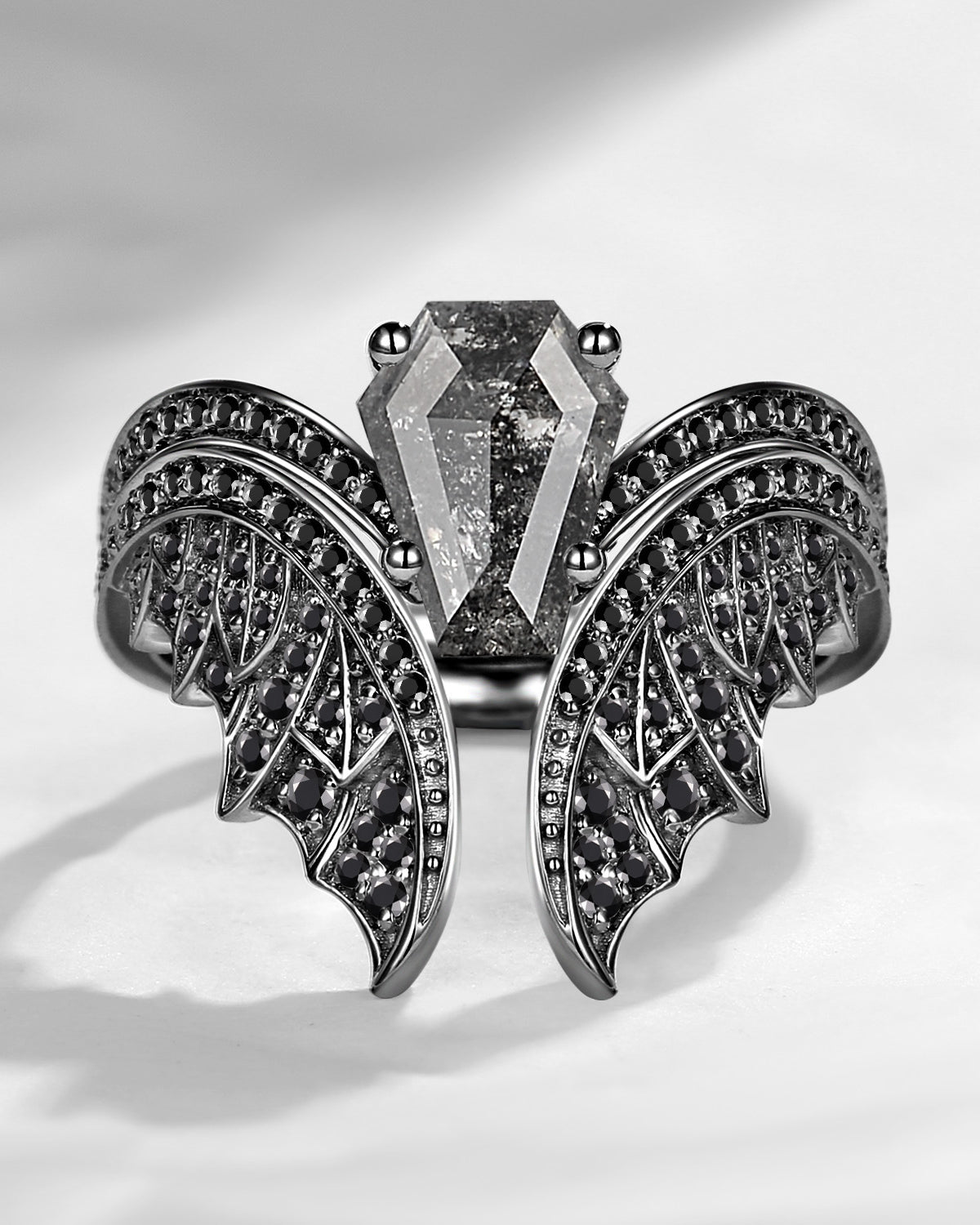 Coffin Cut Salt And Pepper Diamond Vintage Black Gold Bridal Set 2pcs - Bat Ring