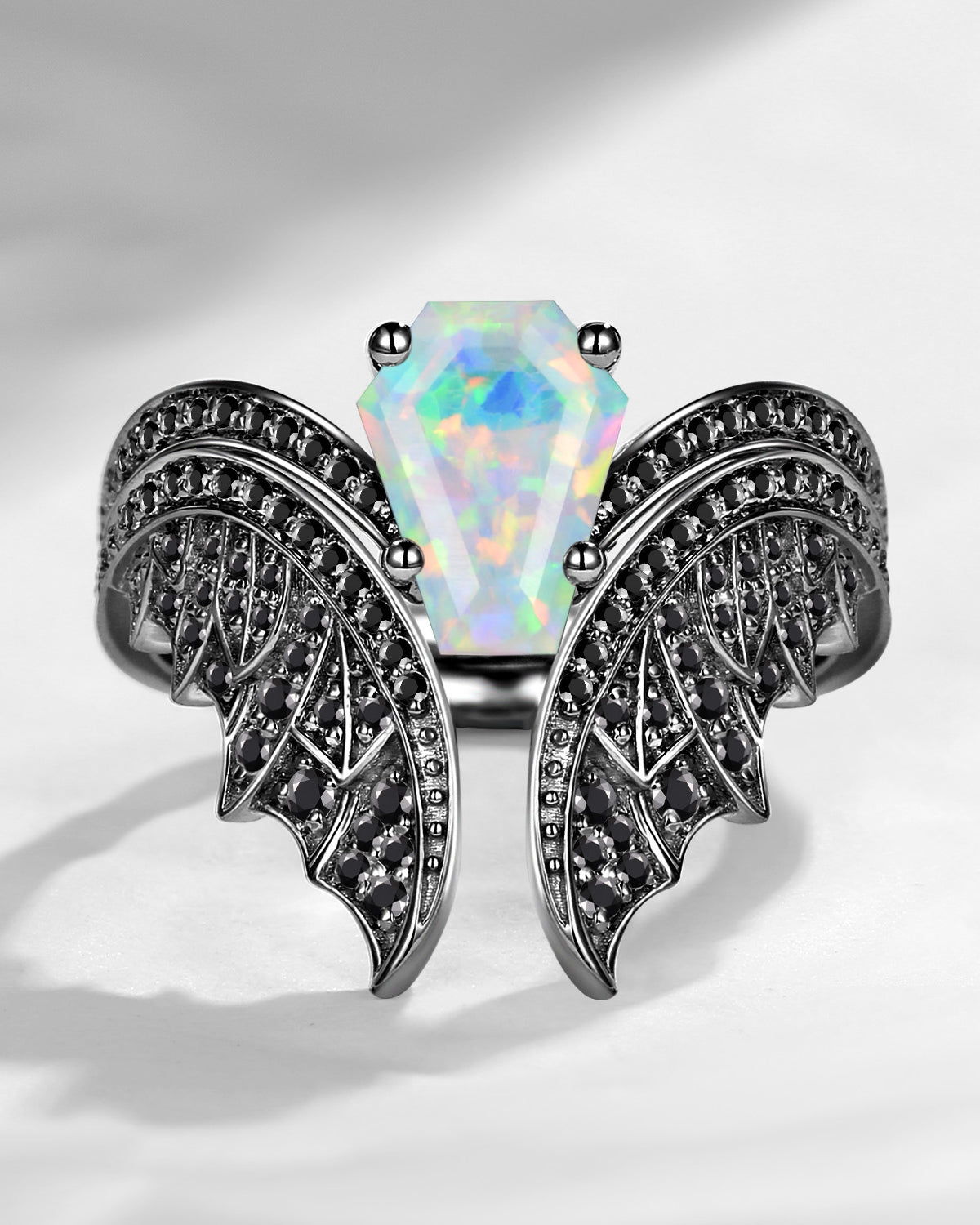 Coffin Cut Lab Opal Vintage Black Gold Bridal Set 2pcs - Bat Ring