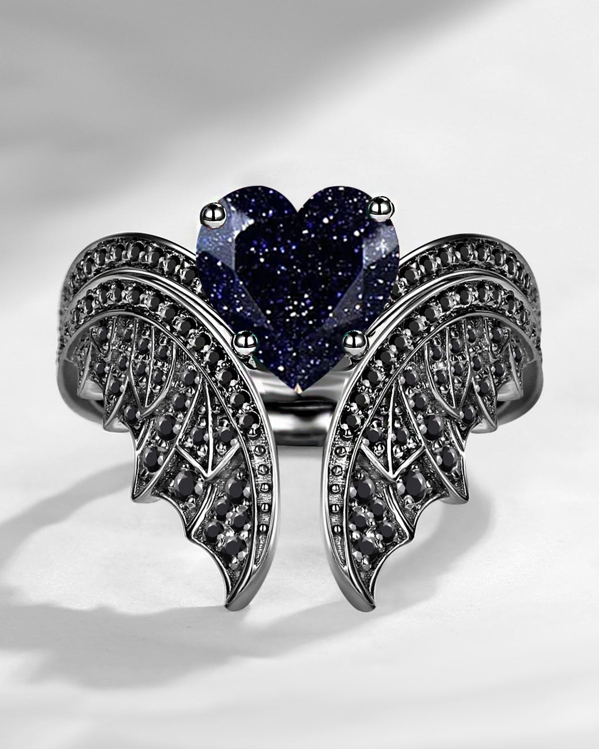 Heart Shaped Blue Sandstone Black Gold Vintage Bridal Set 2pcs - Bat Ring