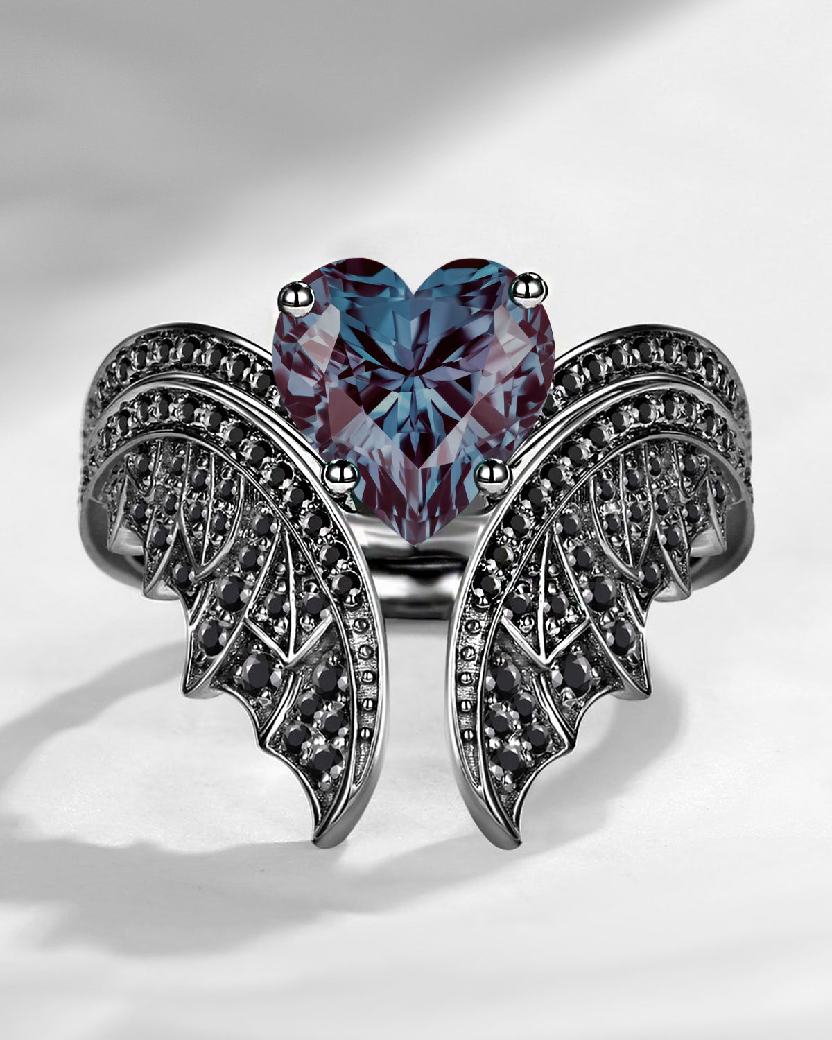 Heart Shaped Lab Alexandrite Black Gold Vintage Bridal Set 2pcs - Bat Ring