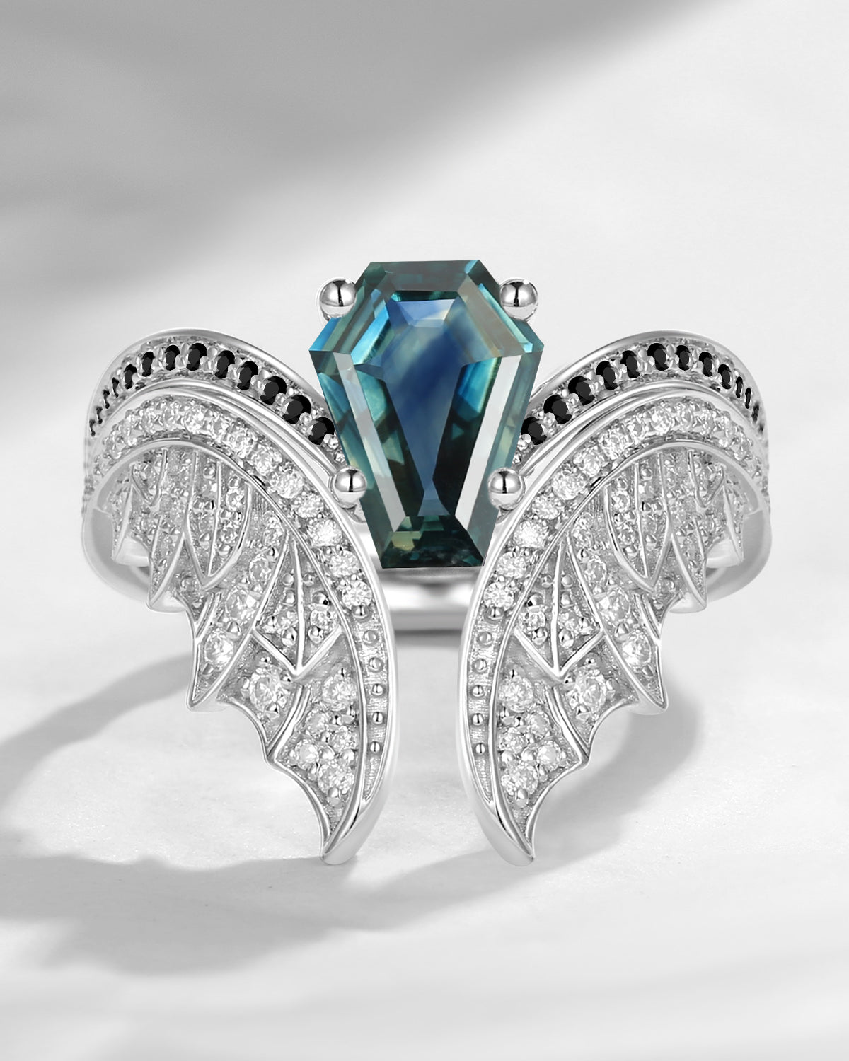 Coffin Cut Lab Teal Sapphire Vintage White Gold Bridal Set 2pcs - Bat Ring