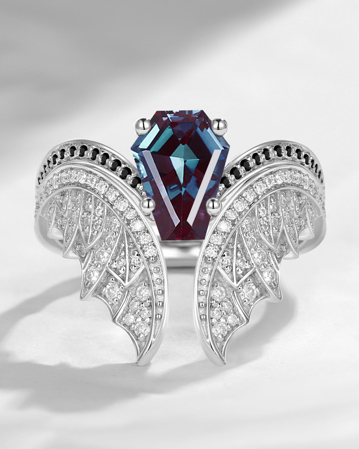 Coffin Cut Lab Alexandrite Vintage White Gold Bridal Set 2pcs - Bat Ring