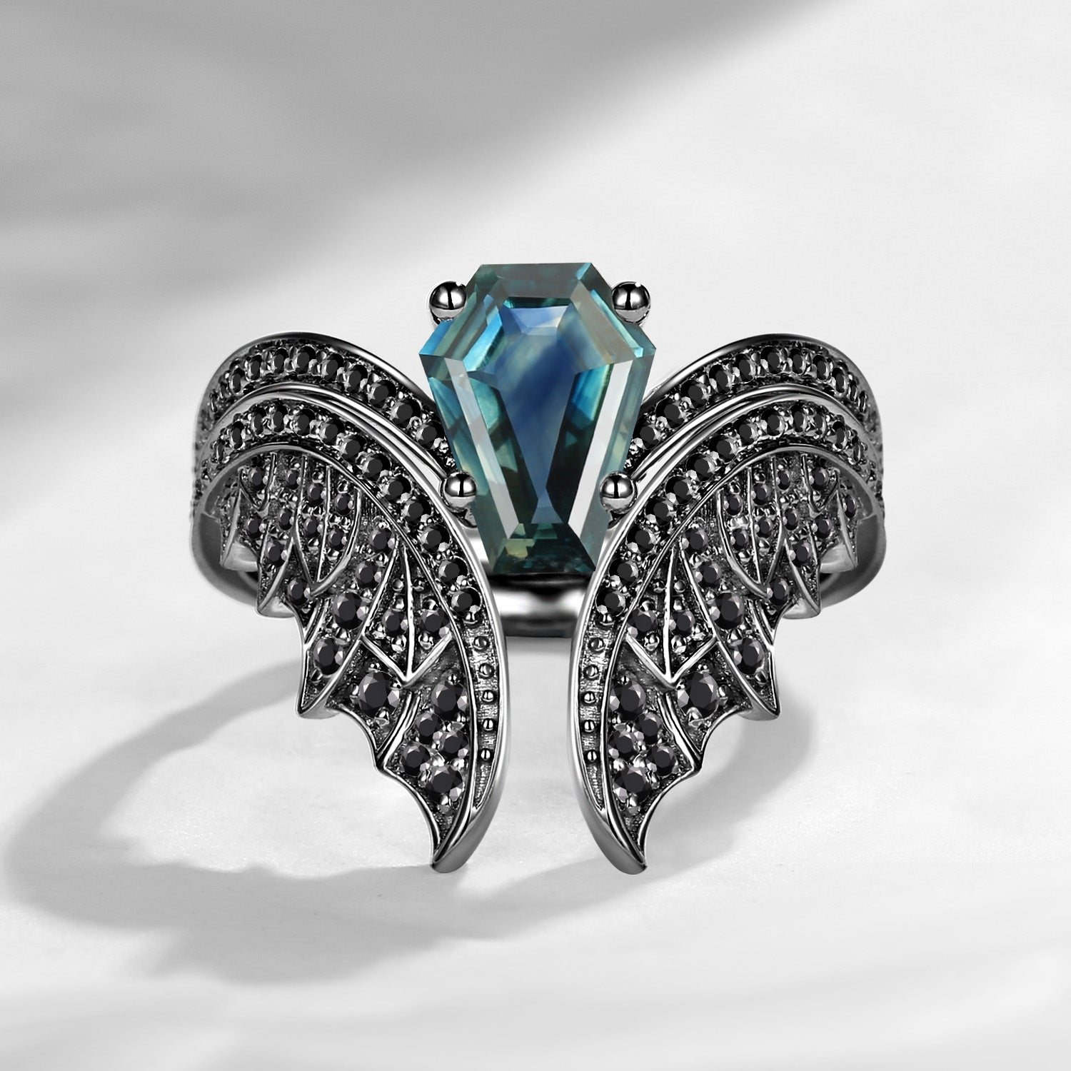Coffin Cut Lab Teal Sapphire Vintage Black Gold Bridal Set 2pcs - Bat Ring