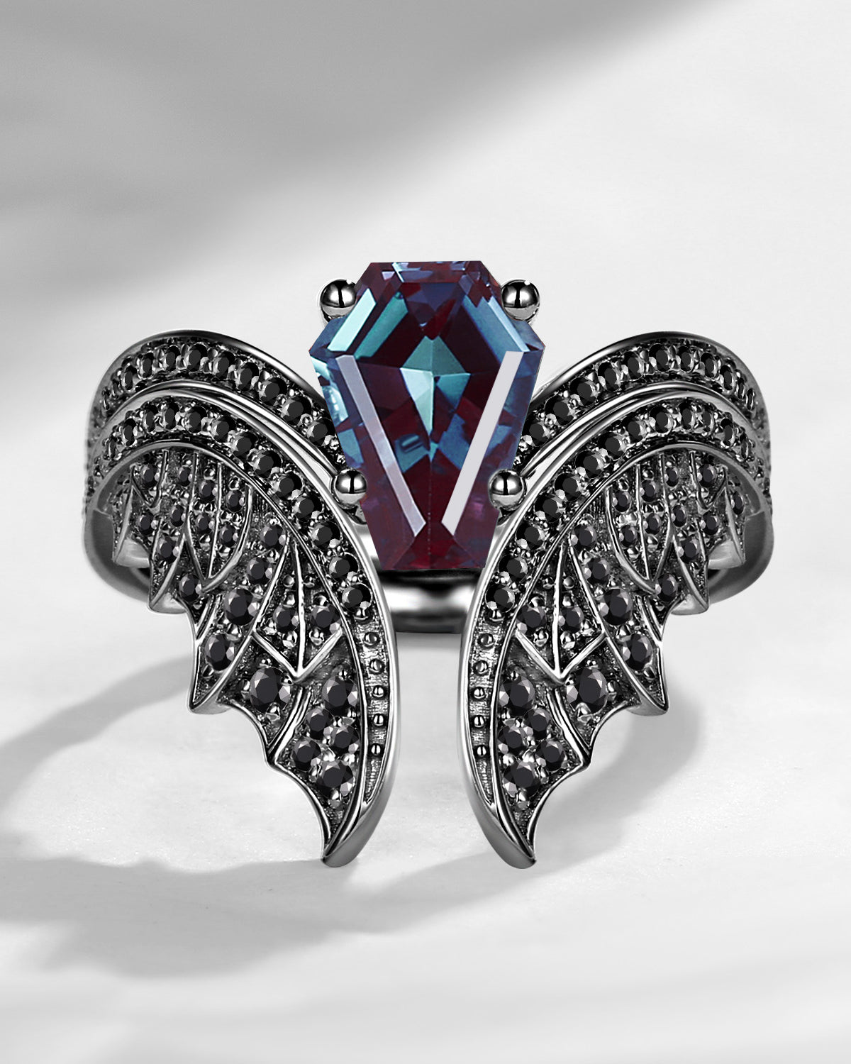 Coffin Cut Lab Alexandrite Vintage Black Gold Bridal Set 2pcs - Bat Ring