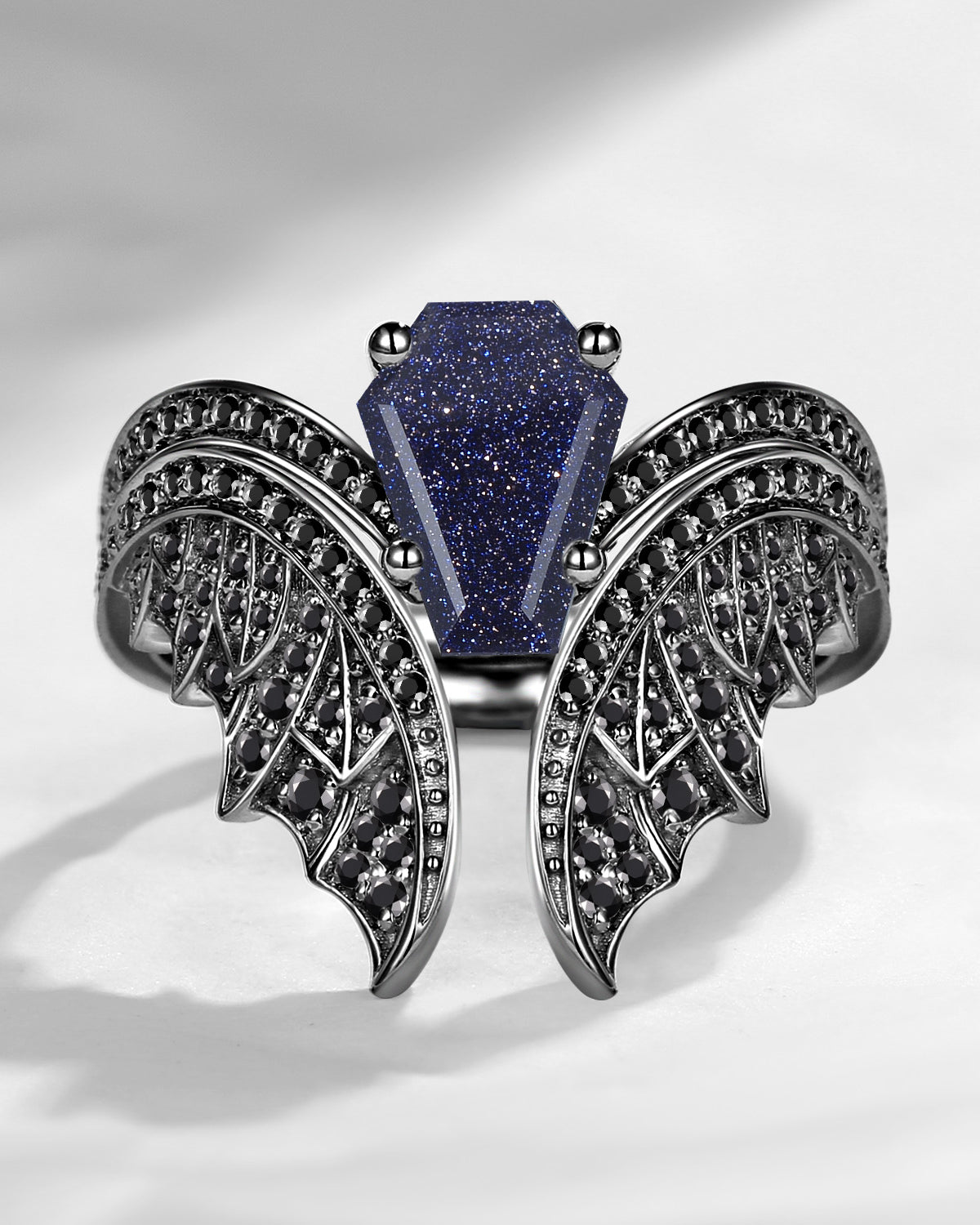 Coffin Cut Blue Sandstone Vintage Black Gold Bridal Set 2pcs - Bat Ring