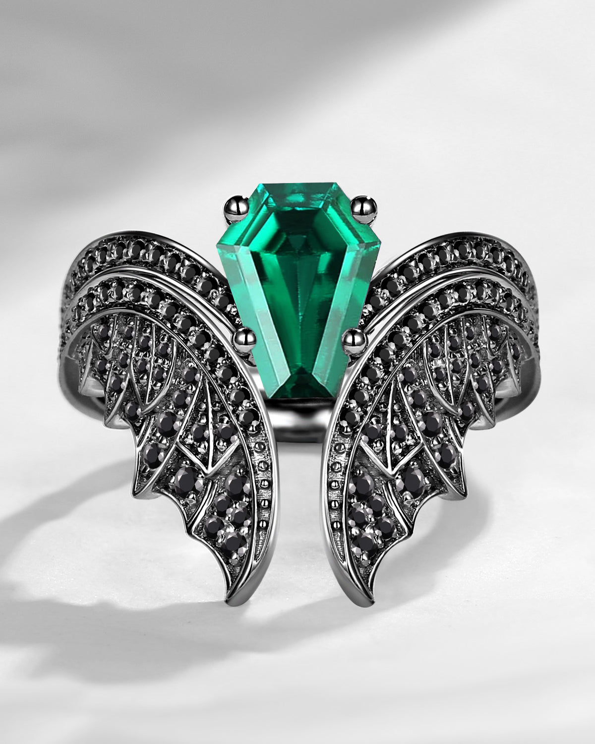 Coffin Cut Lab Emerald Vintage Black Gold Bridal Set 2pcs - Bat Ring