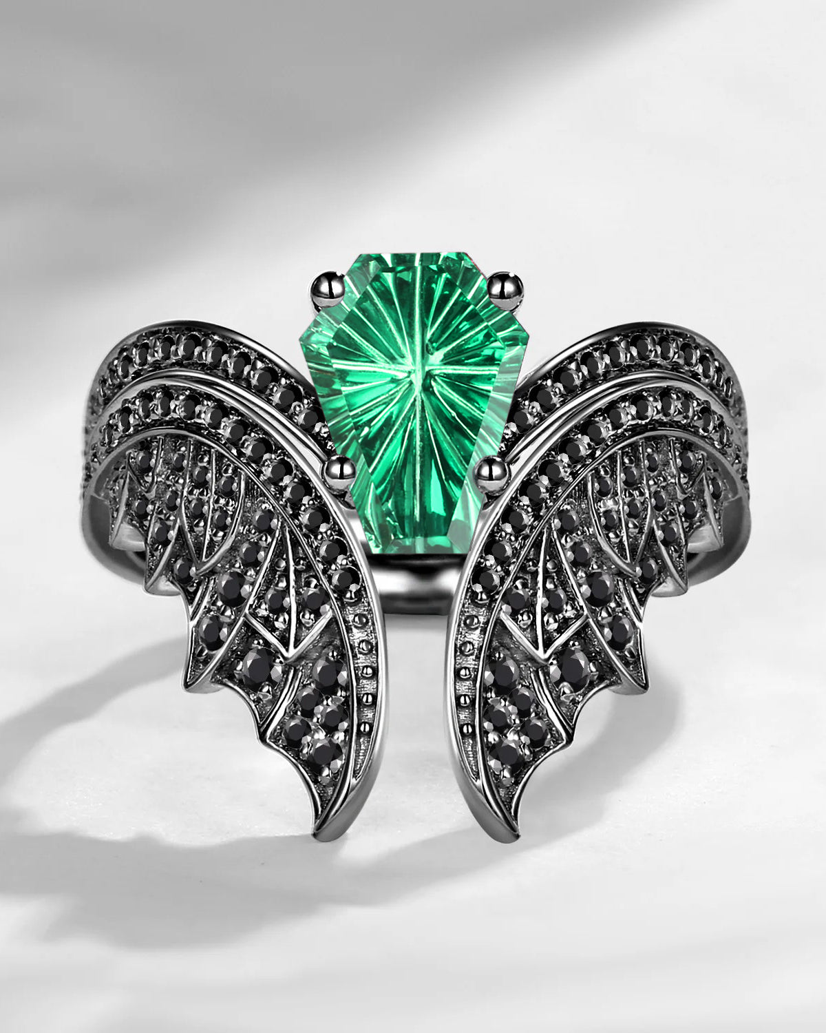Firework Cut Lab Emerald Coffin Black Gold Bridal Set 2pcs - Bat Ring