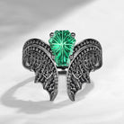 Firework Cut Lab Emerald Coffin Black Gold Bridal Set 2pcs - Bat Ring
