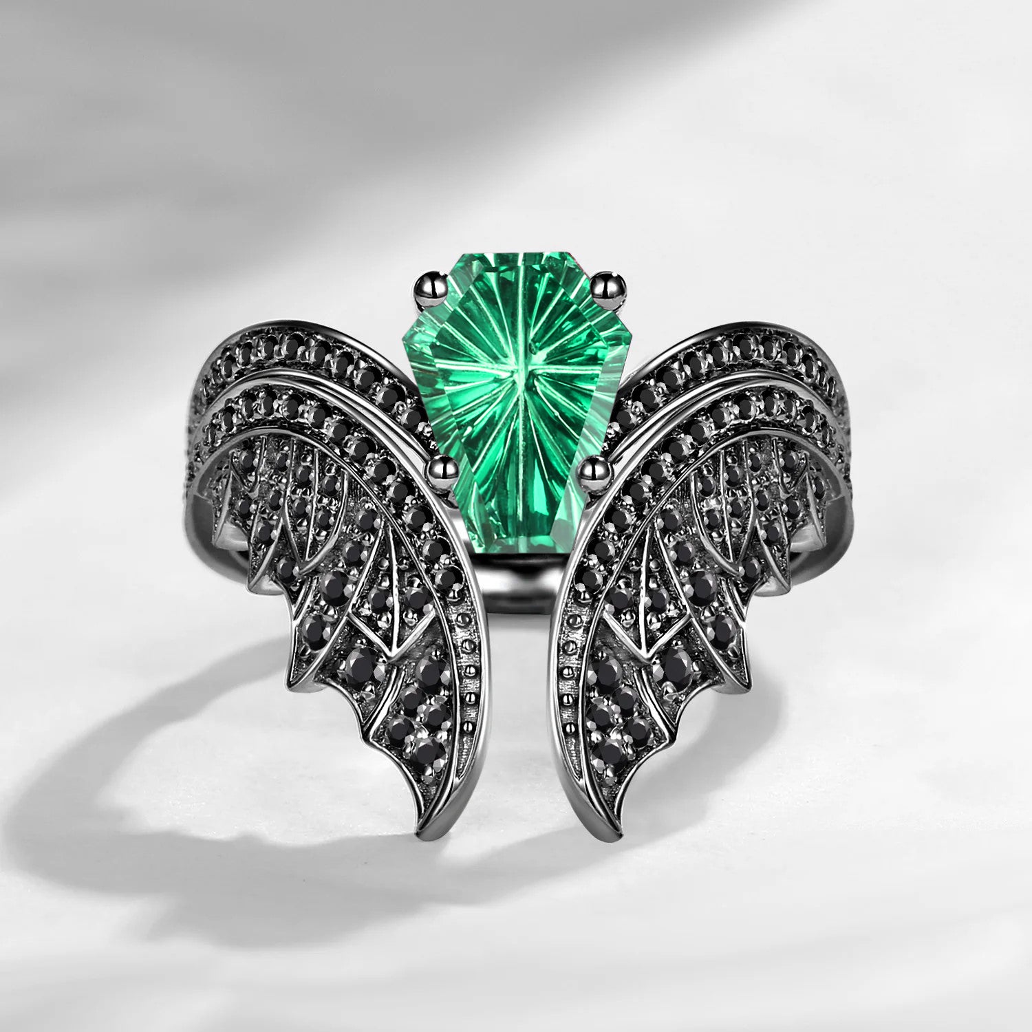 Firework Cut Lab Emerald Coffin Black Gold Bridal Set 2pcs - Bat Ring