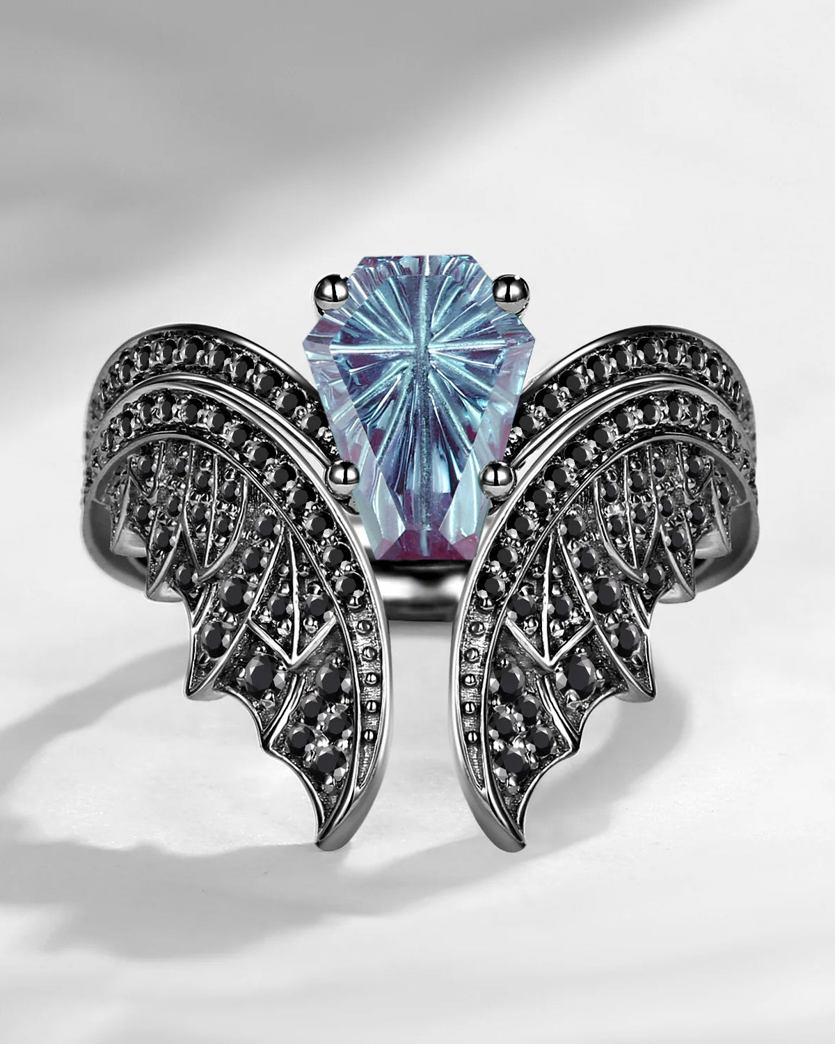 Firework Cut Lab Alexandrite Coffin Black Gold Bridal Set 2pcs - Bat Ring