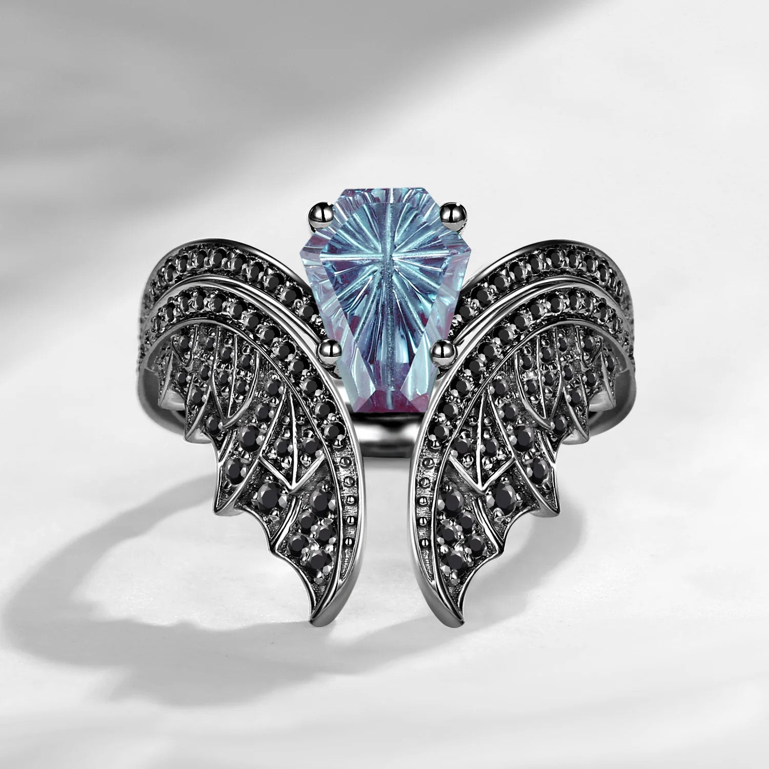 Firework Cut Lab Alexandrite Coffin Black Gold Bridal Set 2pcs - Bat Ring
