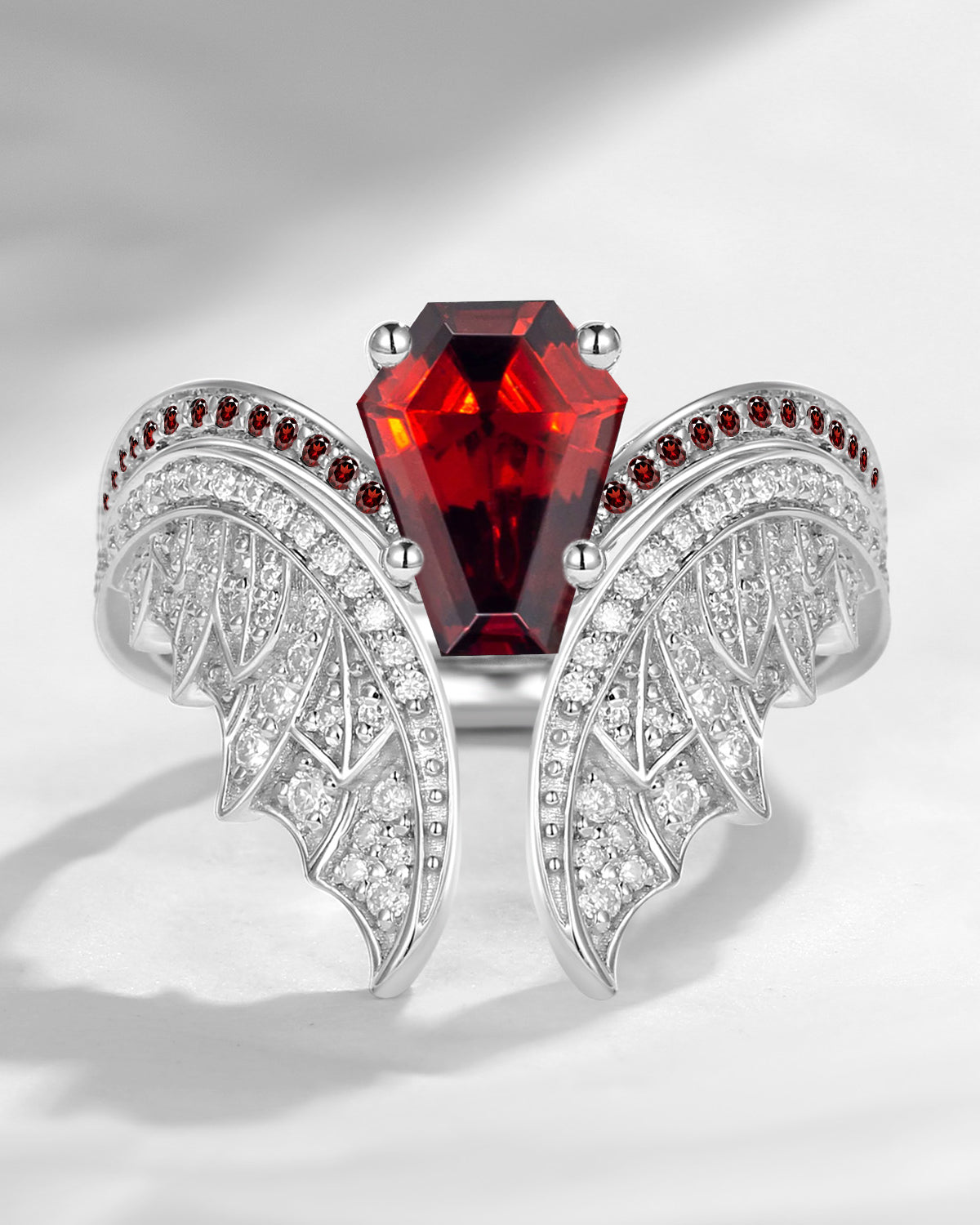 Coffin Cut Garnet Vintage White Gold Bridal Set 2pcs - Bat Ring