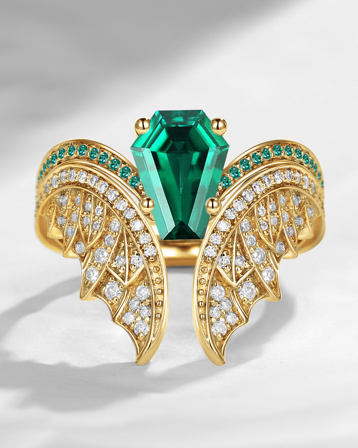 Coffin Cut Lab Emerald Vintage Yellow Gold Bridal Set 2pcs - Bat Ring