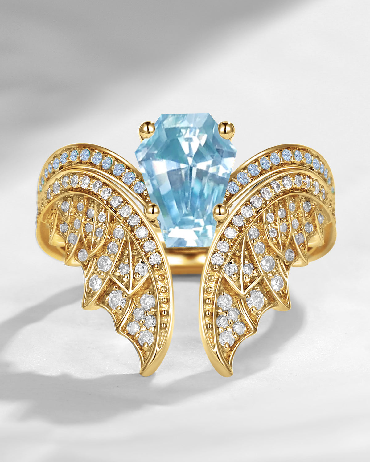 Coffin Cut Natural Aquamarine Vintage Yellow Gold Bridal Set 2pcs - Bat Ring