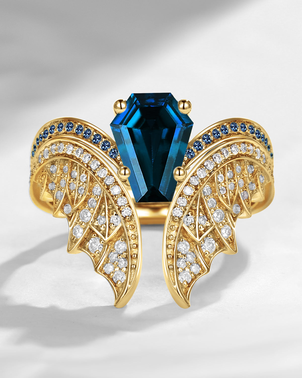 Coffin Cut London Blue Topaz Vintage Yellow Gold Bridal Set 2pcs - Bat Ring
