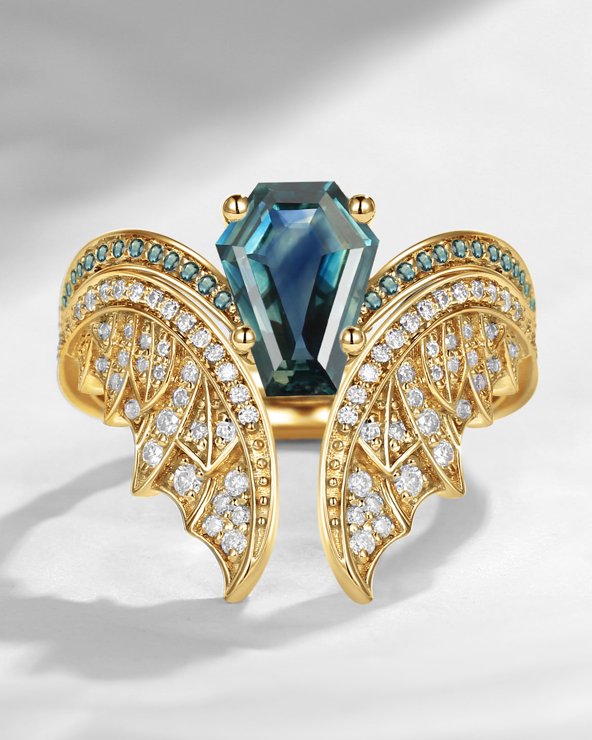 Coffin Cut Lab Teal Sapphire Vintage Yellow Gold Bridal Set 2pcs - Bat Ring