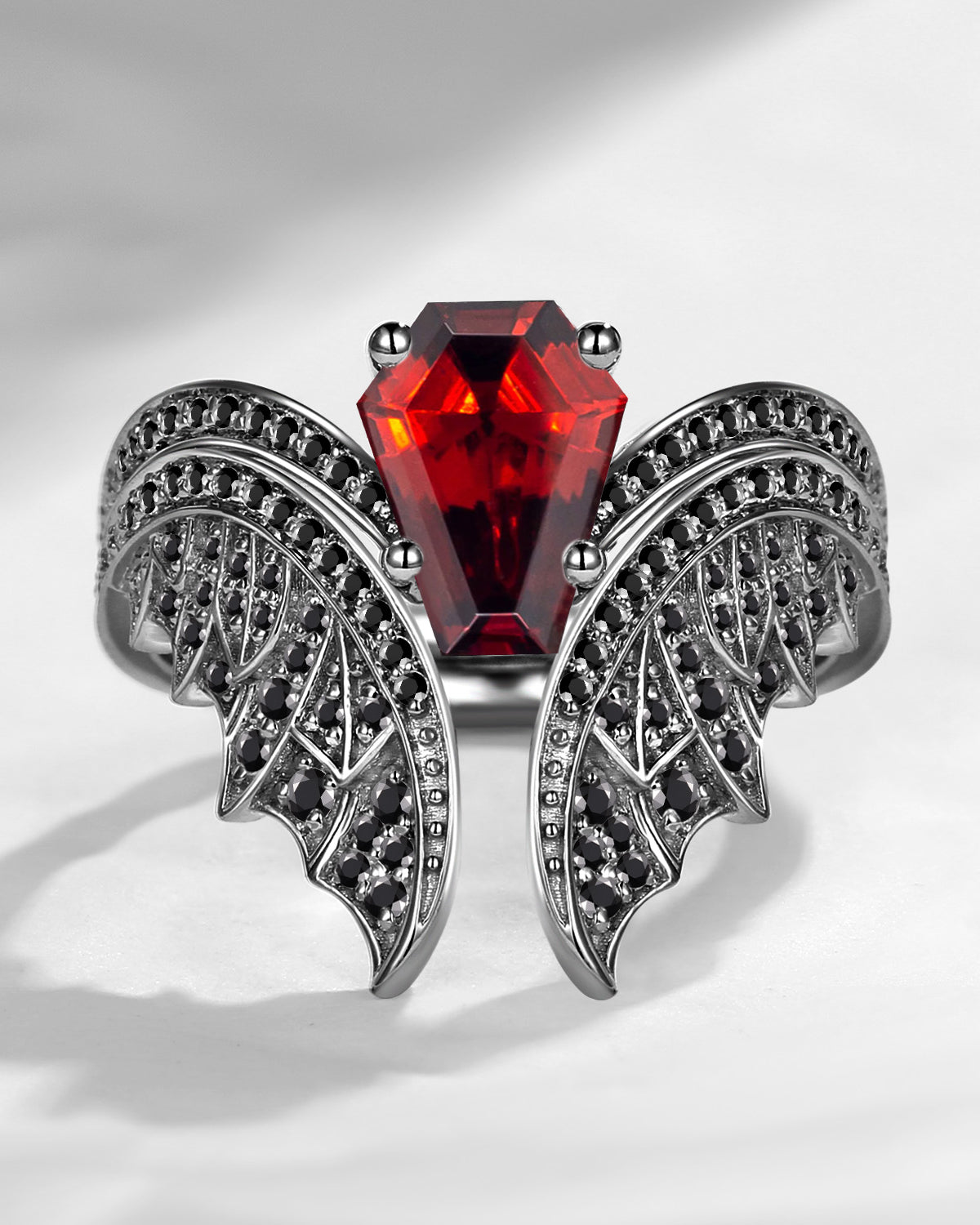 Coffin Cut Garnet Vintage Black Gold Bridal Set 2pcs - Bat Ring
