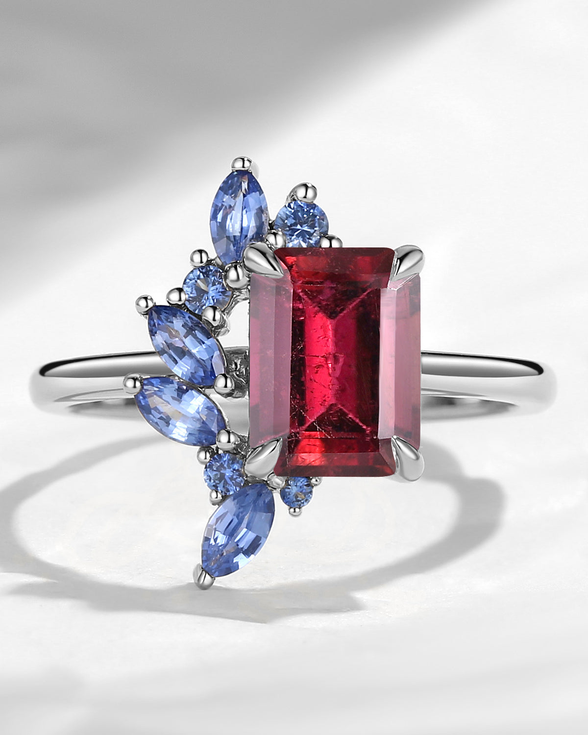 Cluster Emerald Cut Natural Red Tourmaline Sapphire Accents Engagement Ring