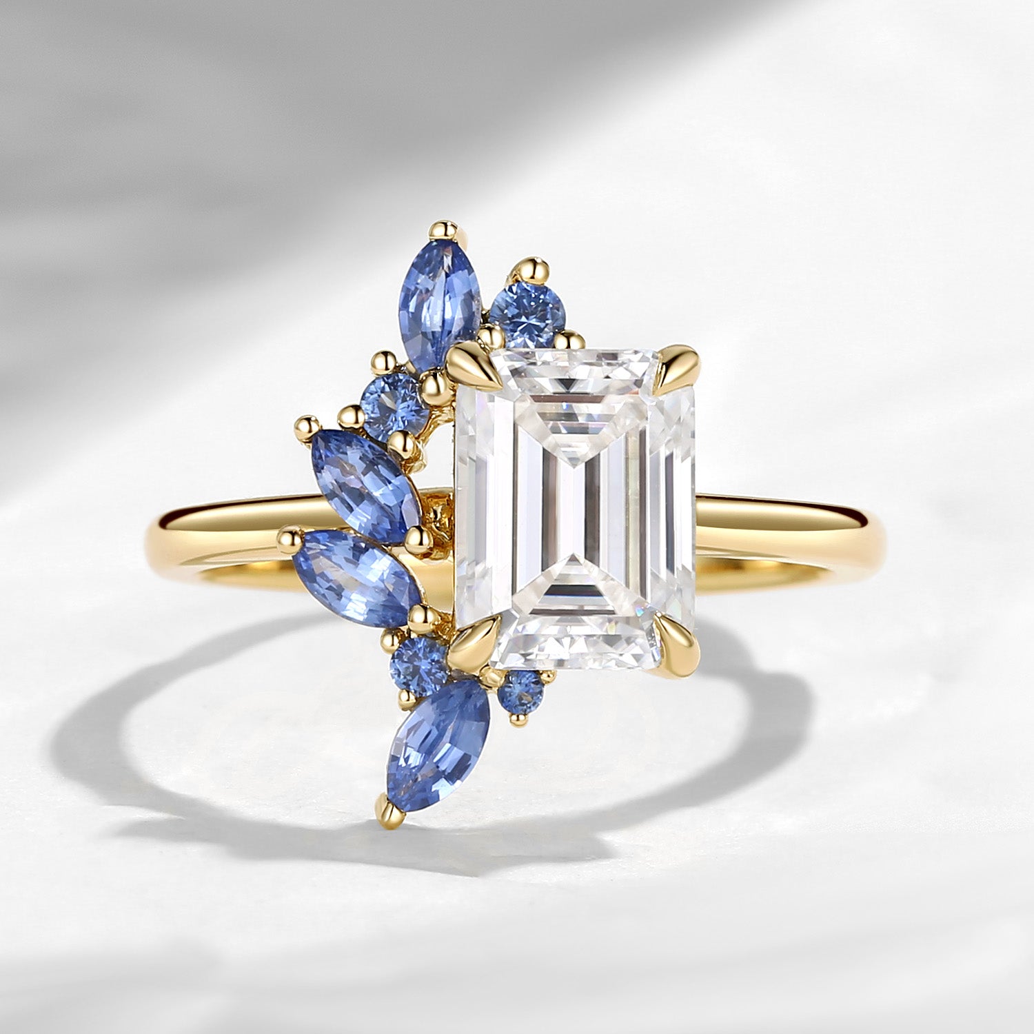 Cluster Emerald Cut Moissanite Natural Sapphire Accents Engagement Ring