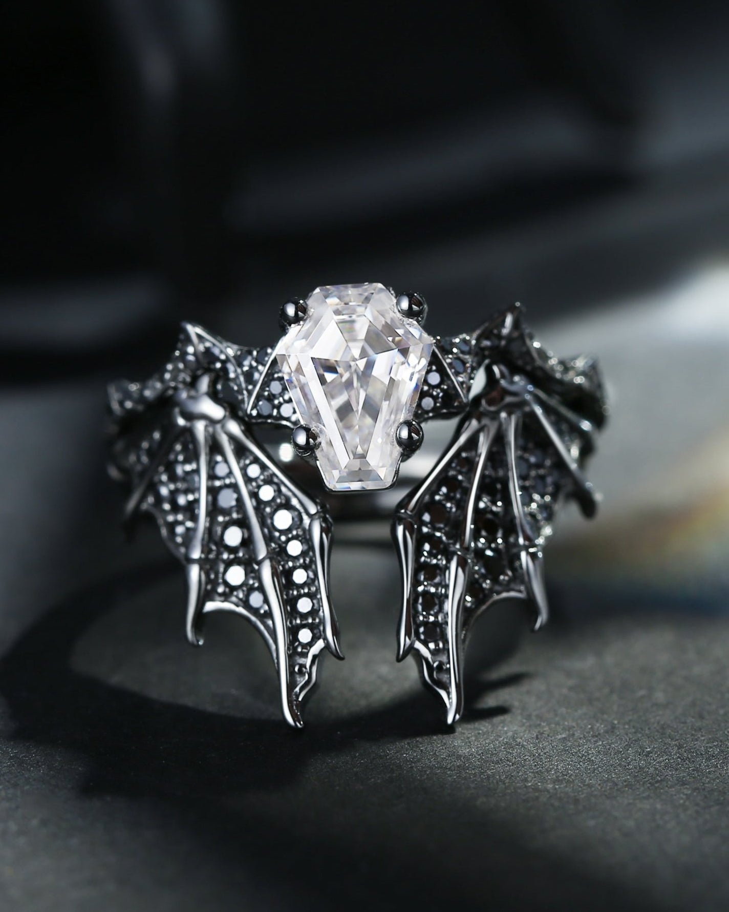 Non-Traditional Coffin Moissanite Vampire Ring Black Gold Bridal Set 2pcs - Bat Ring