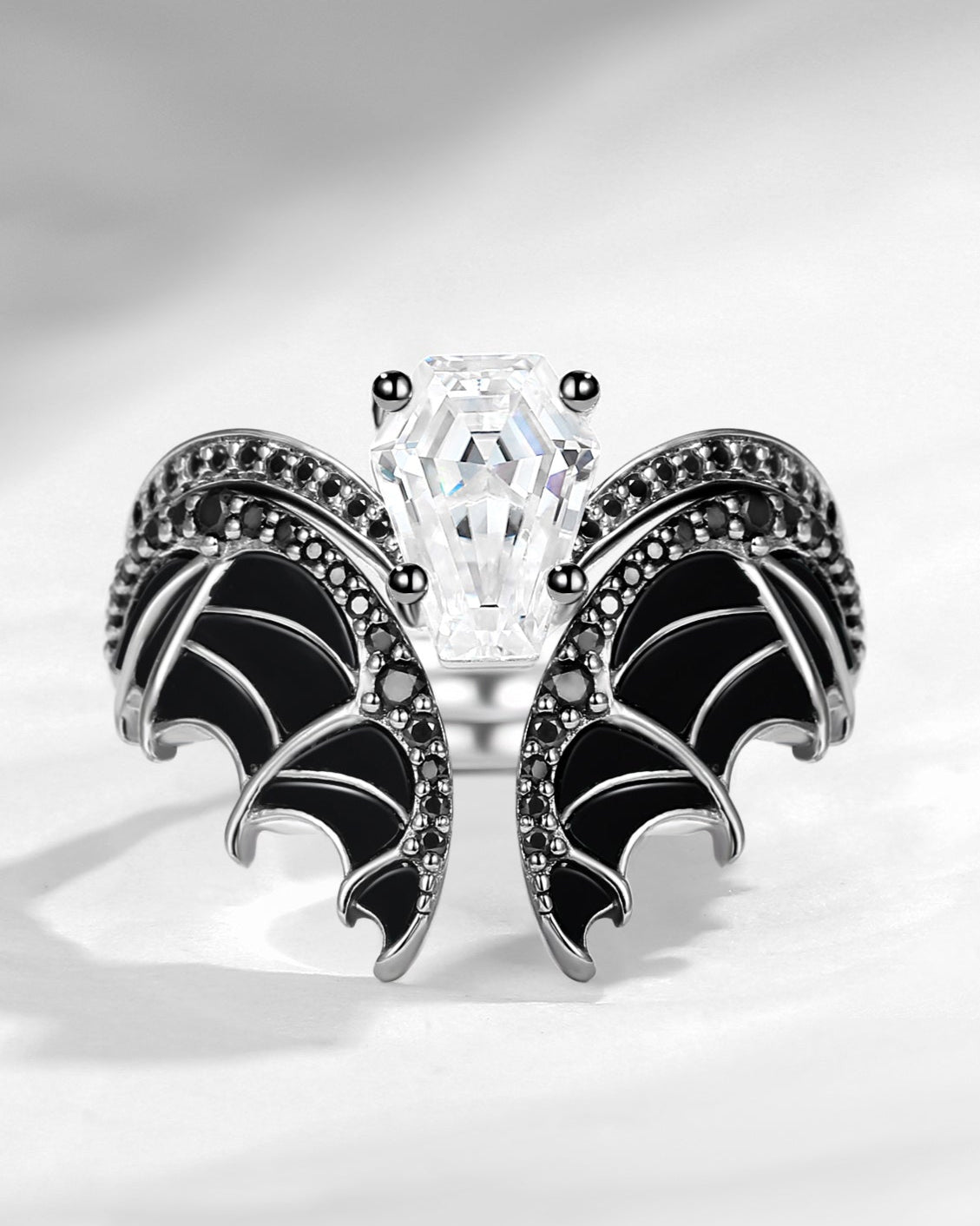 Unique Coffin Cut Moissanite Onyx Black Gold Bridal Set 2pcs - Bat Ring