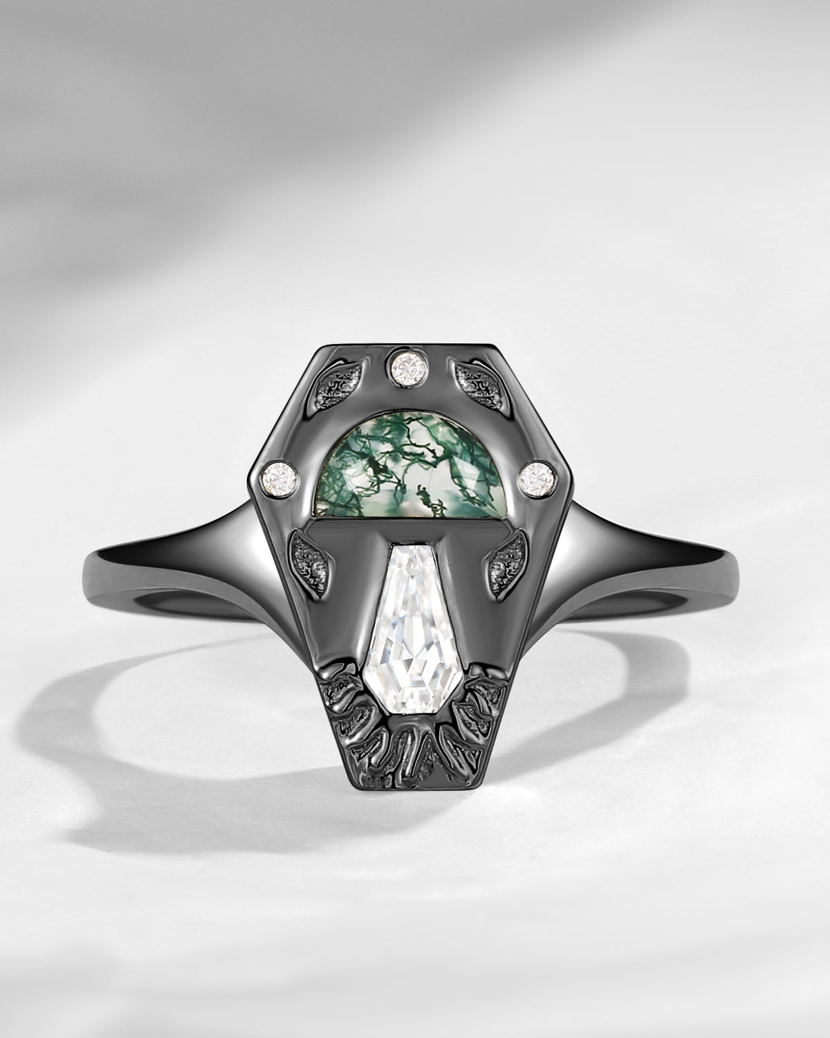 Half Moon Cut Moss Agate + Coffin Cut Moissanite 'Tree of Life' Stamp Engagement Ring