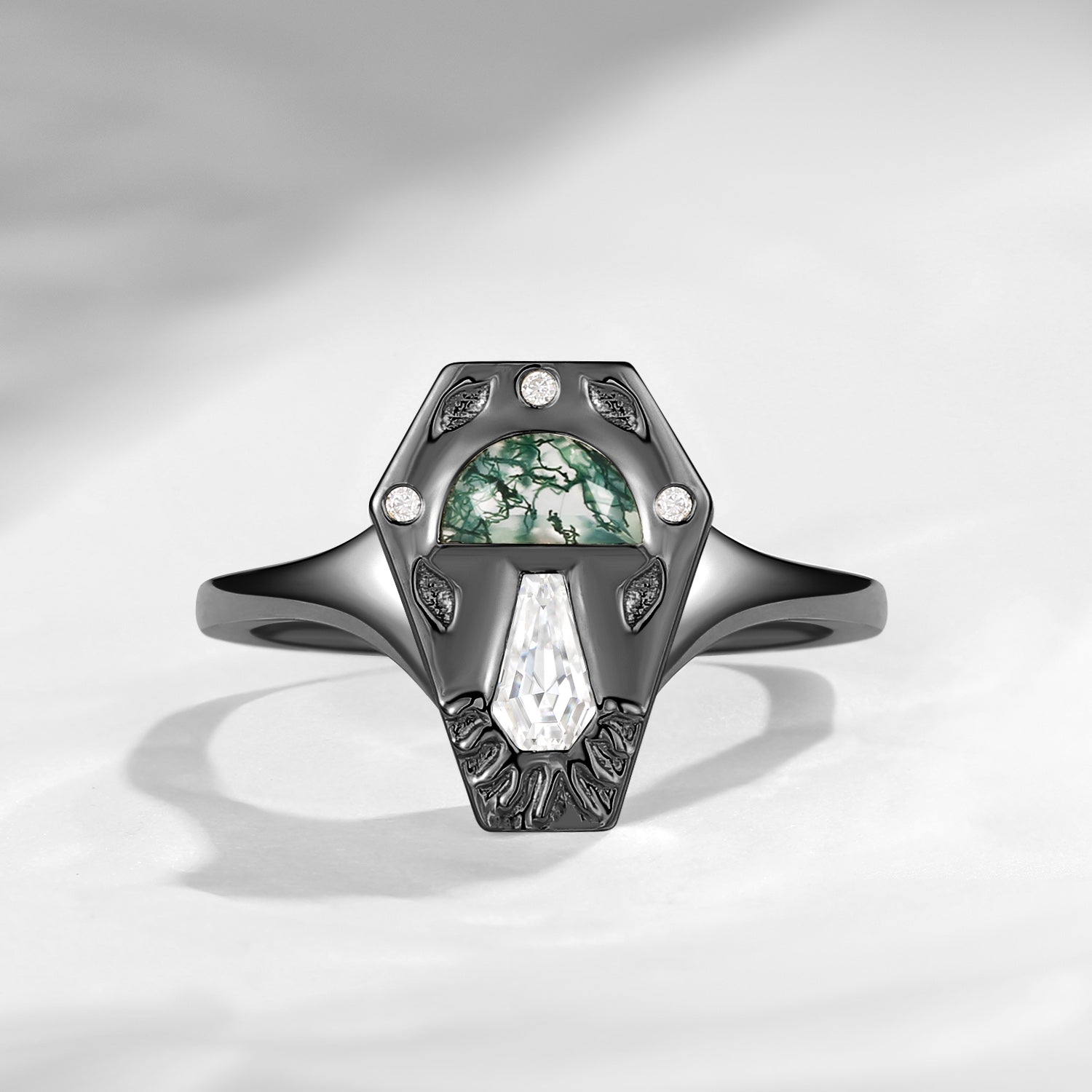 Half Moon Cut Moss Agate + Coffin Cut Moissanite 'Tree of Life' Stamp Engagement Ring