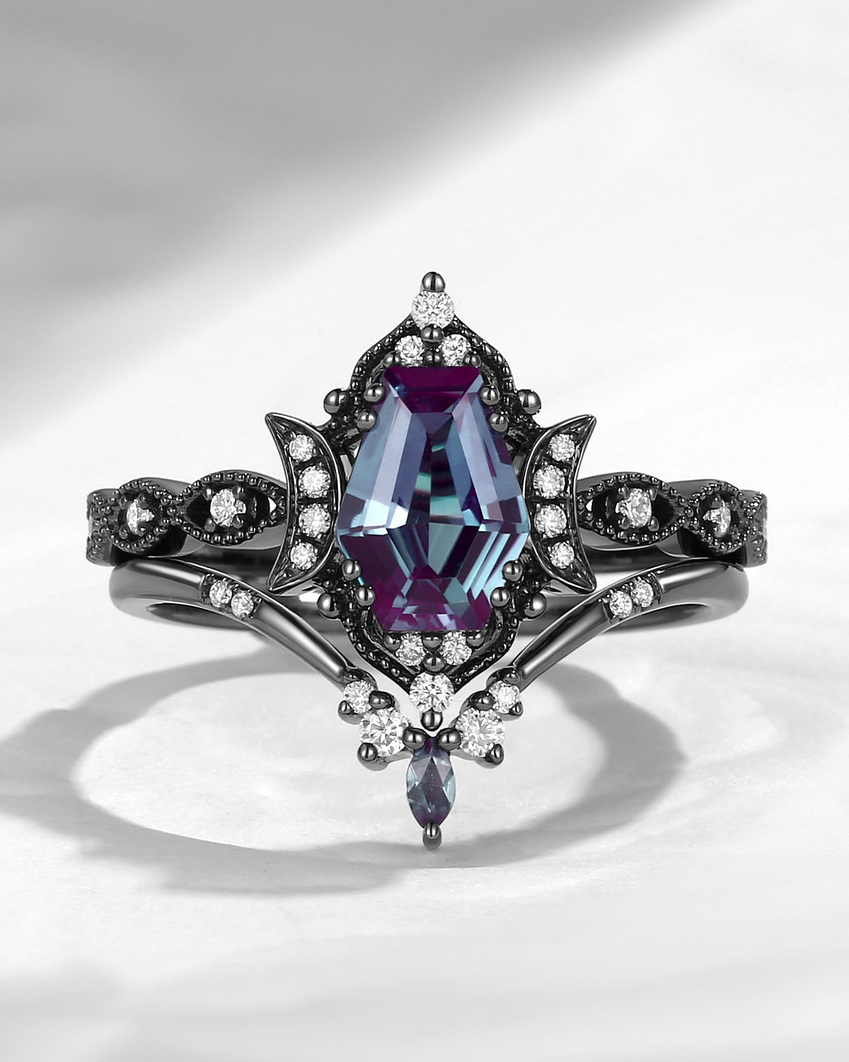 Crescent Moon | Unique Coffin Cut Lab Alexandrite Black Gold Engagement Ring Set 2pcs - Luna