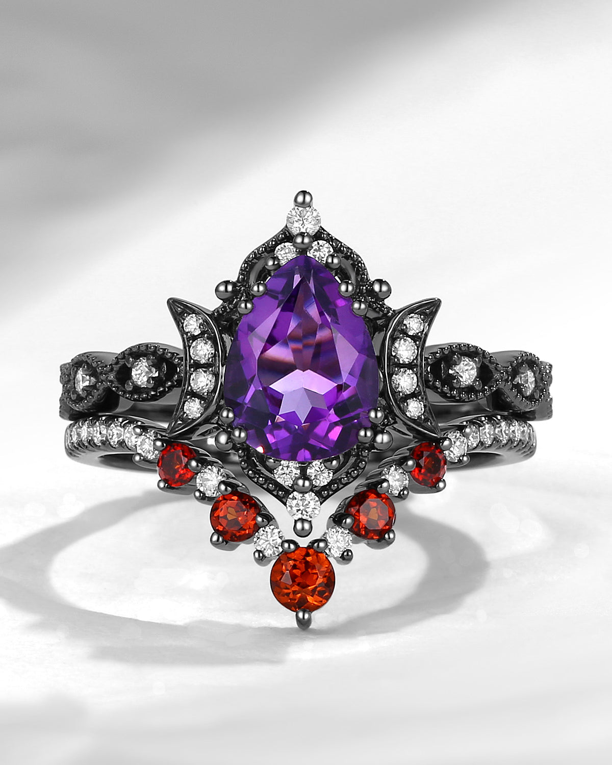 Crescent Moon | Pear Cut Amethyst & Garnet Ring Set 2pcs - Waning Moon