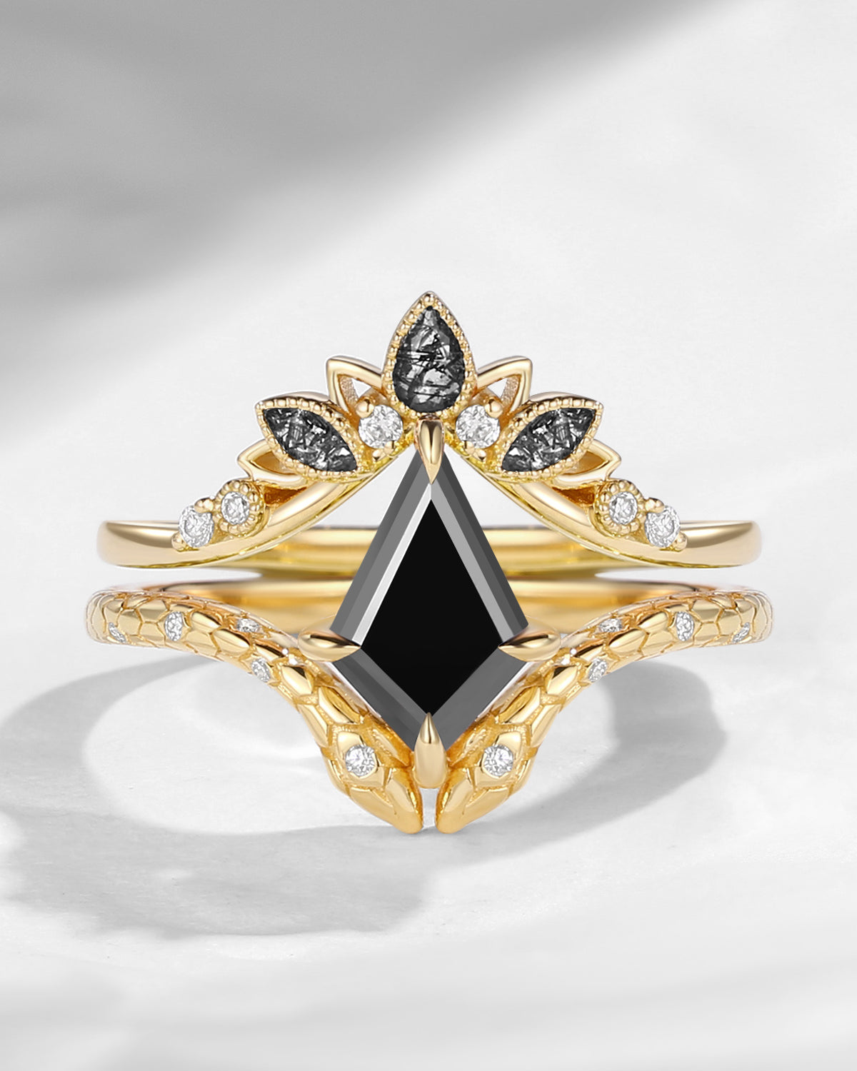 Gothic Kite Cut Black Moissanite Engagement Ring Set 2pcs - Serpent's Embrace