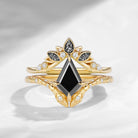 Gothic Kite Cut Black Moissanite Engagement Ring Set 2pcs - Serpent's Embrace