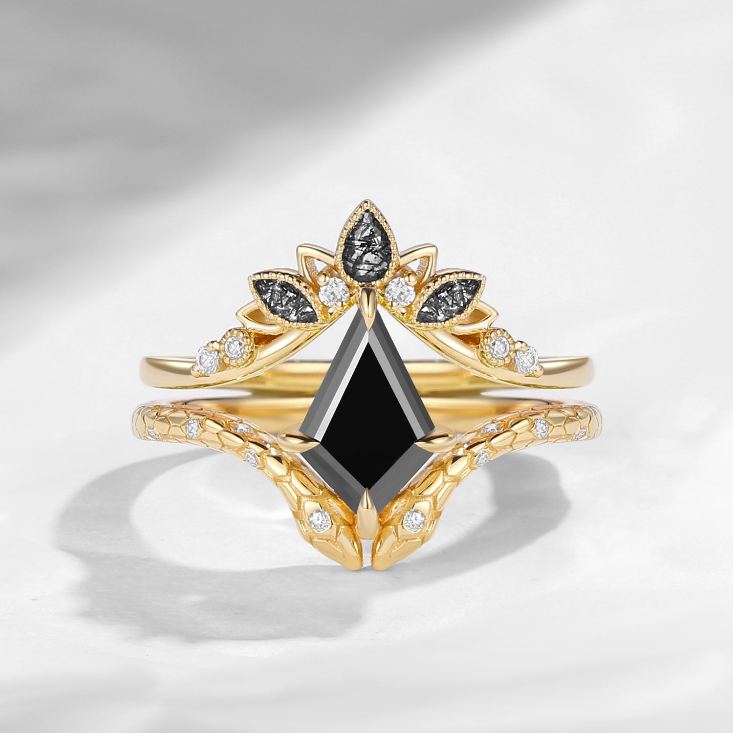 Gothic Kite Cut Black Moissanite Engagement Ring Set 2pcs - Serpent's Embrace