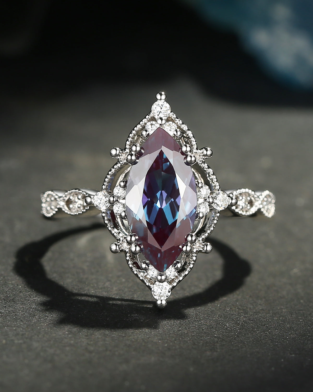 Unique Marquise Cut Lab Alexandrite Vintage Inspired Engagement Ring