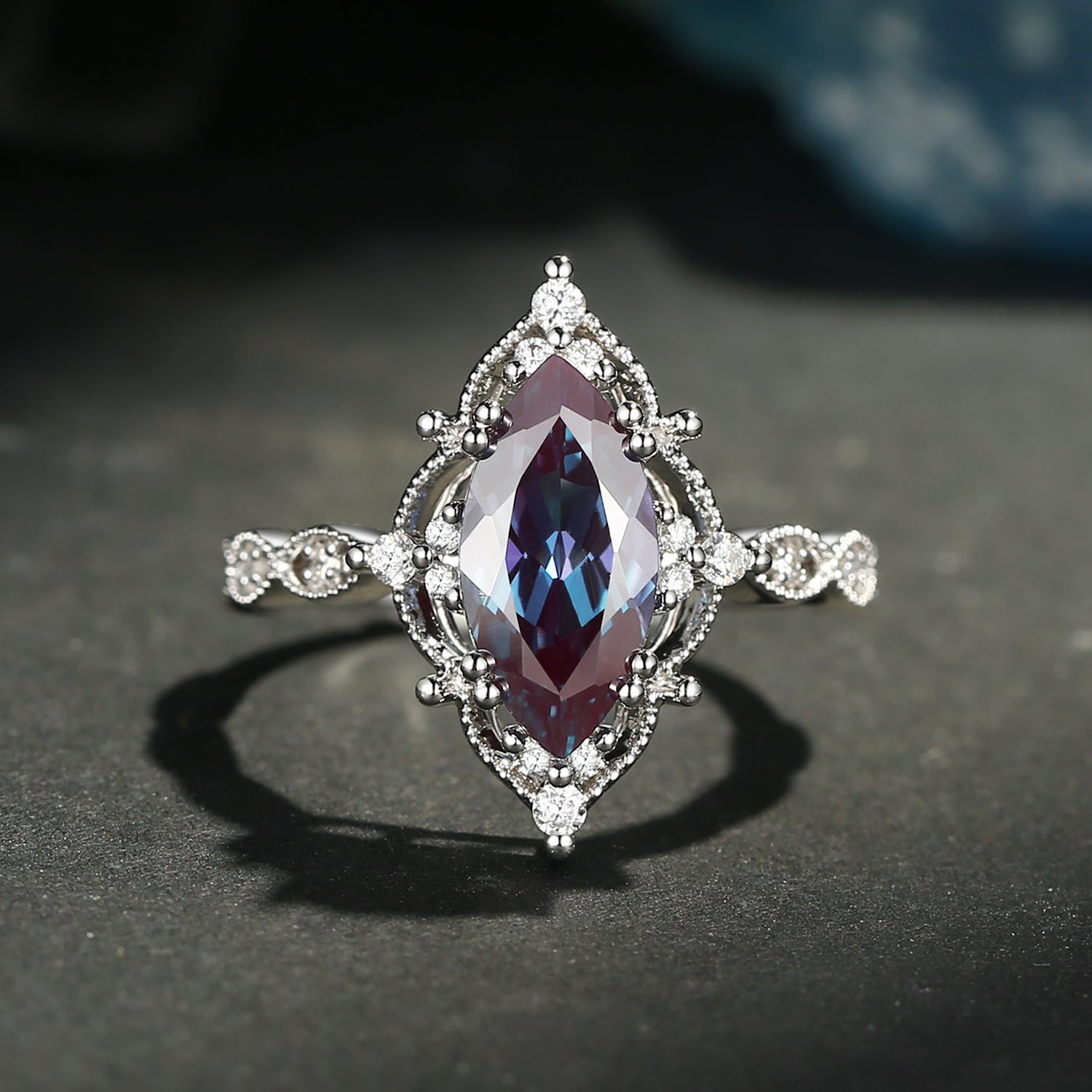 Unique Marquise Cut Lab Alexandrite Vintage Inspired Engagement Ring