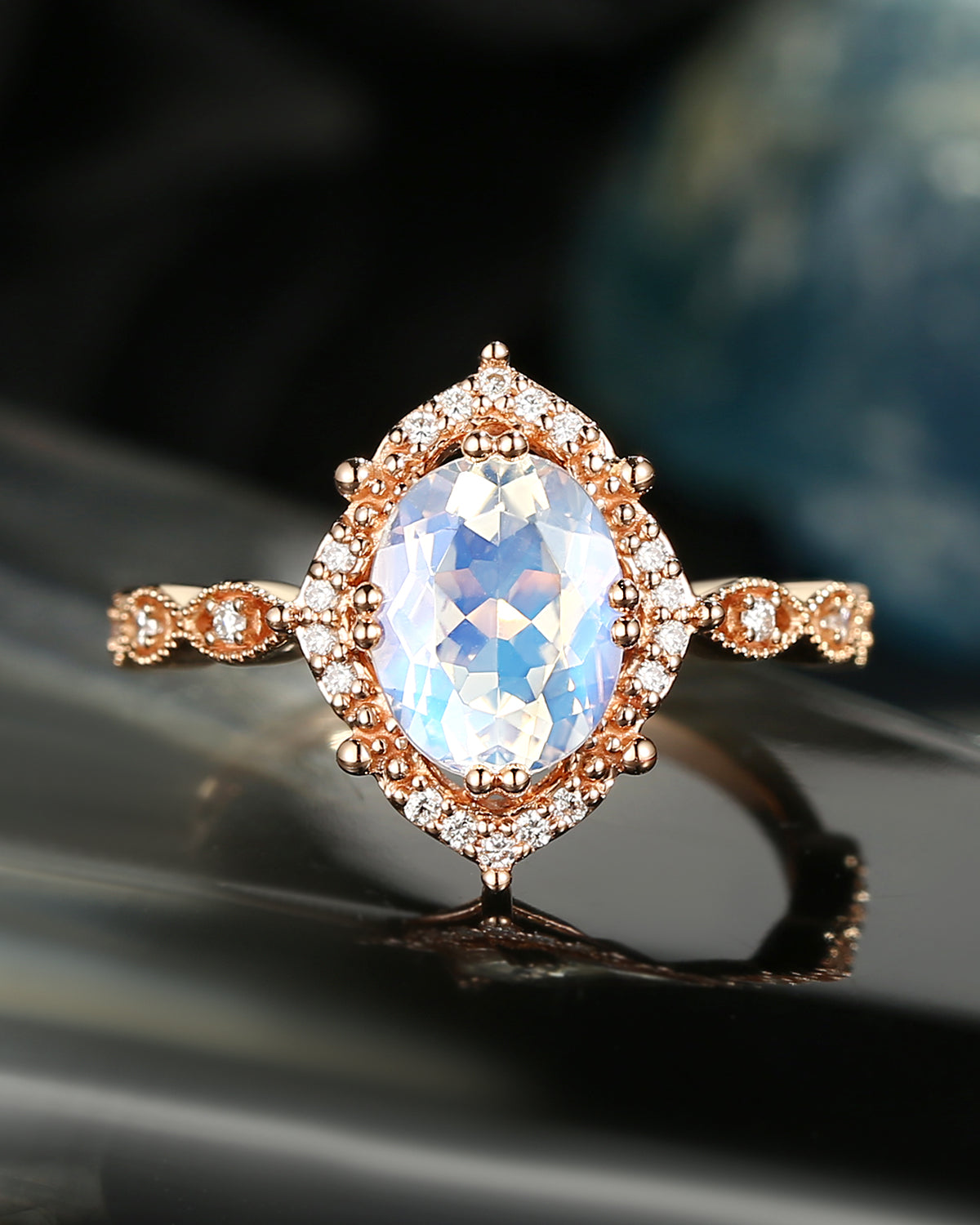 Vingtage Style Oval Moonstone Engagement Ring 1ct