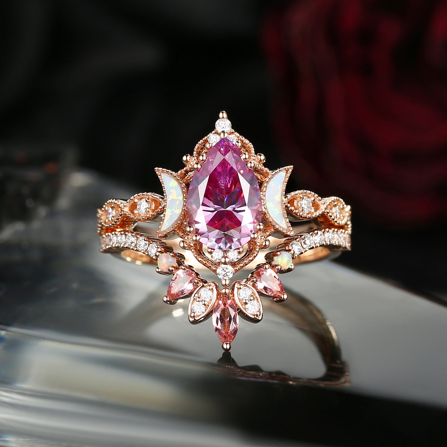 Crescent Moon | Pear Cut Pink Moissanite 'Ultra Galaxy' Engagement Ring Set 2pcs