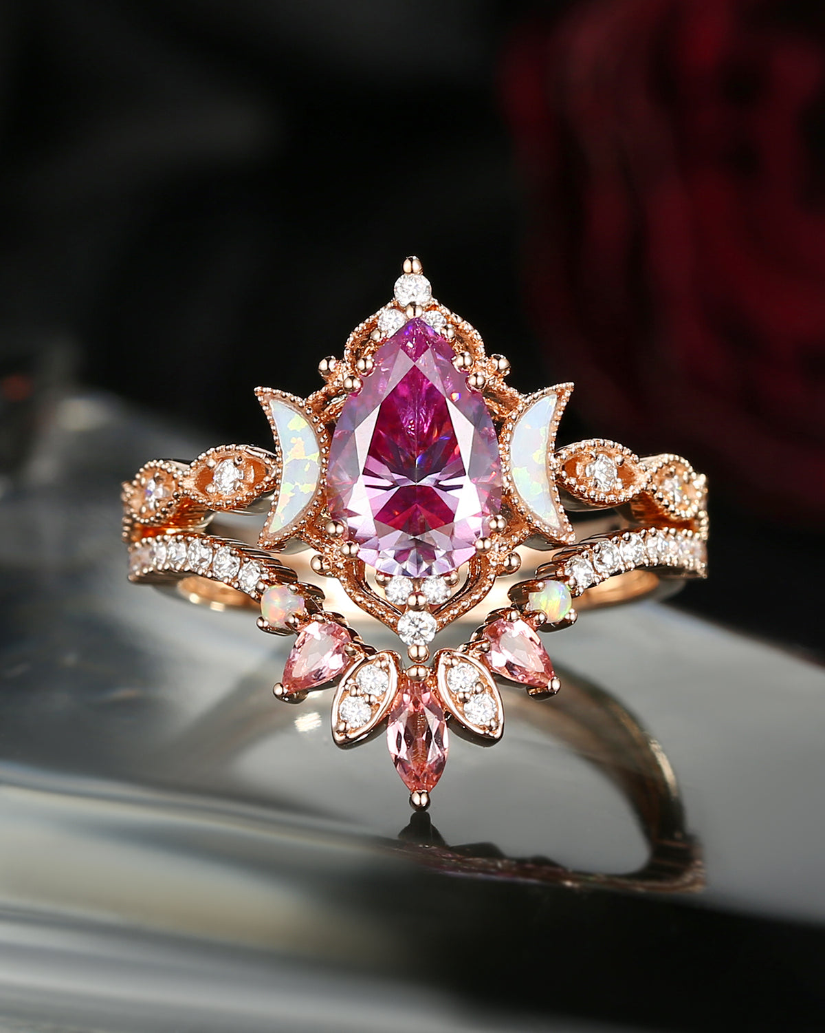 Crescent Moon | Pear Cut Pink Moissanite 'Ultra Galaxy' Engagement Ring Set 2pcs