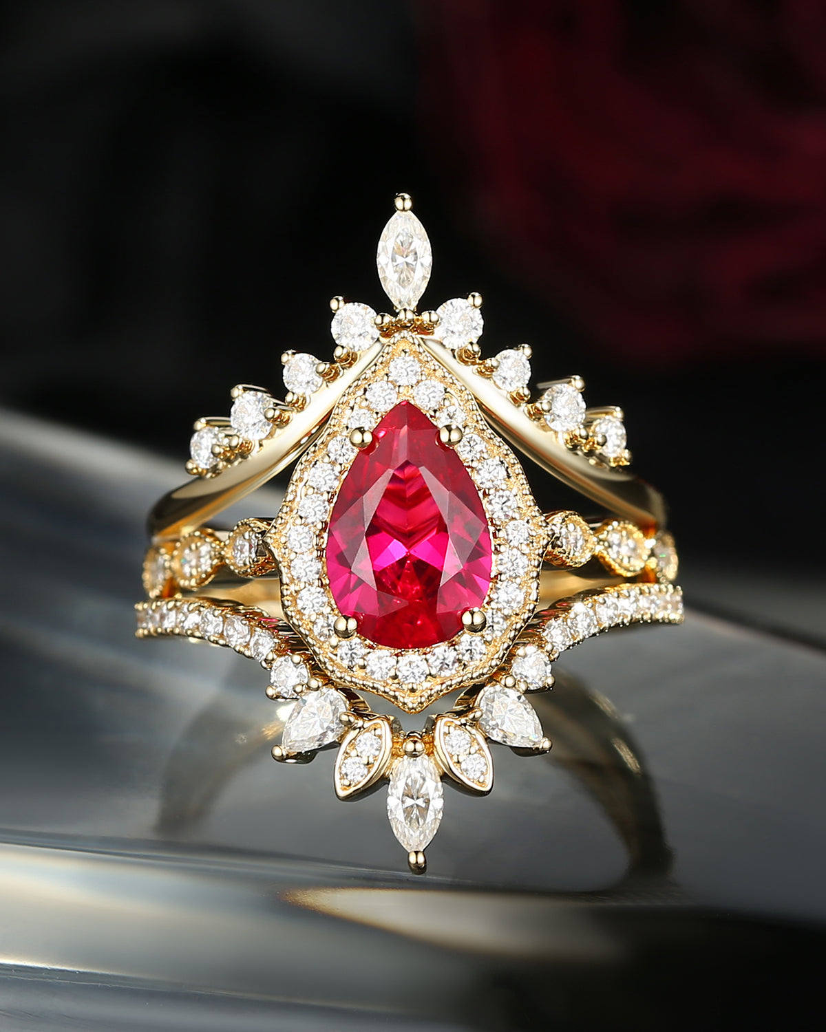 Vintage Inspired Pear Shaped Milgrain Lab Ruby Engagement Ring Set 3pcs - Diva