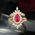 Vintage Inspired Pear Shaped Milgrain Lab Ruby Engagement Ring Set 3pcs - Diva
