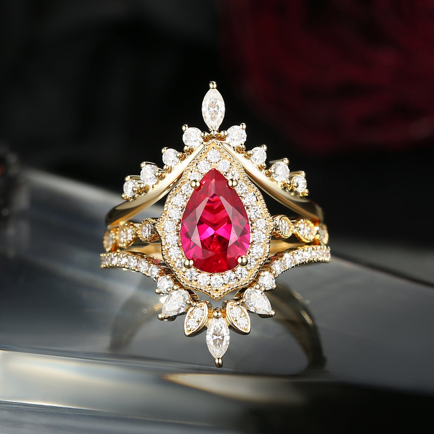 Vintage Inspired Pear Shaped Milgrain Lab Ruby Engagement Ring Set 3pcs - Diva