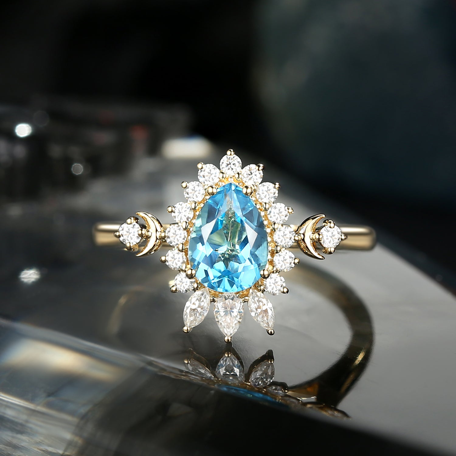 Crescent Moon | Swiss Blue Topaz Engagement Halo Ring Mystic Moon