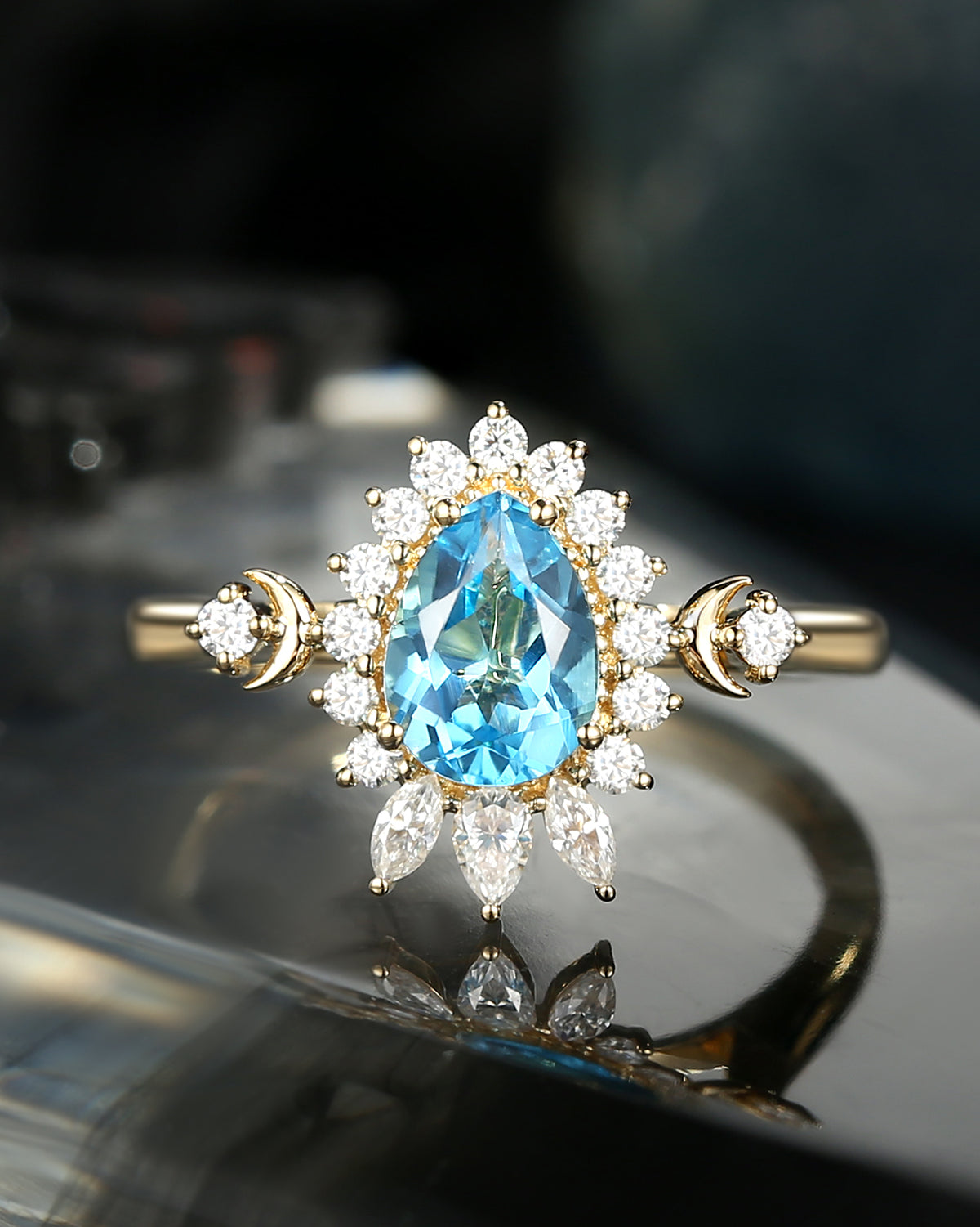 Crescent Moon | Swiss Blue Topaz Engagement Halo Ring Mystic Moon